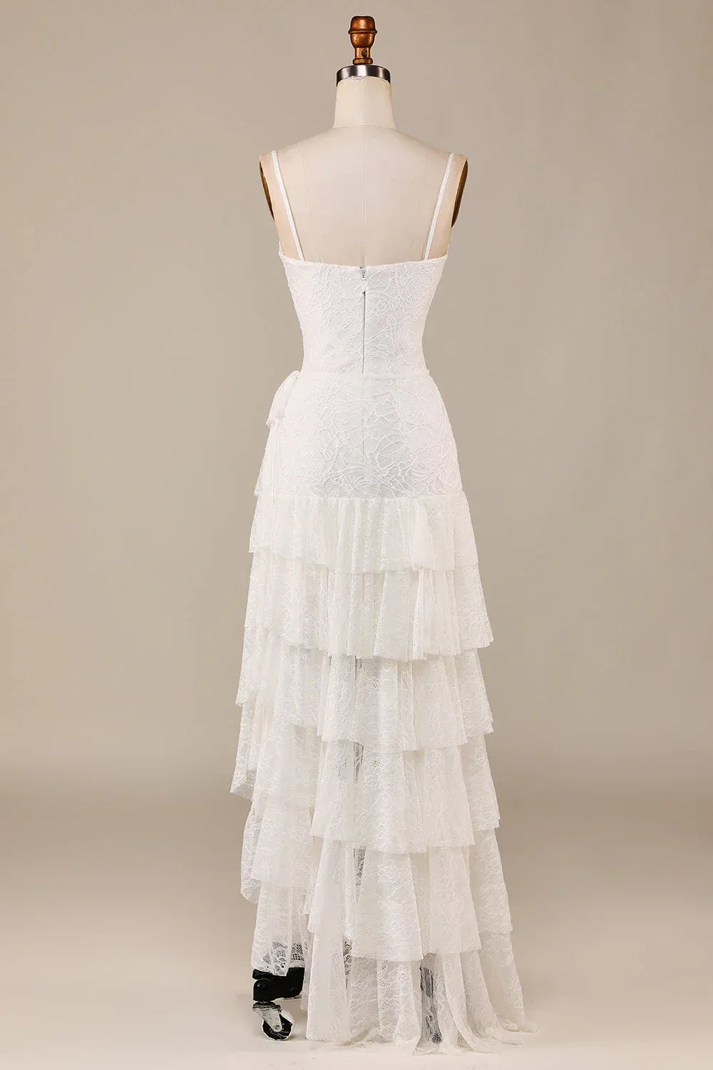 Playful Sweetheart Thin Strap Full Lace Asymmetrical Tiered Wedding Dress With Side Waist Sash Mini Train