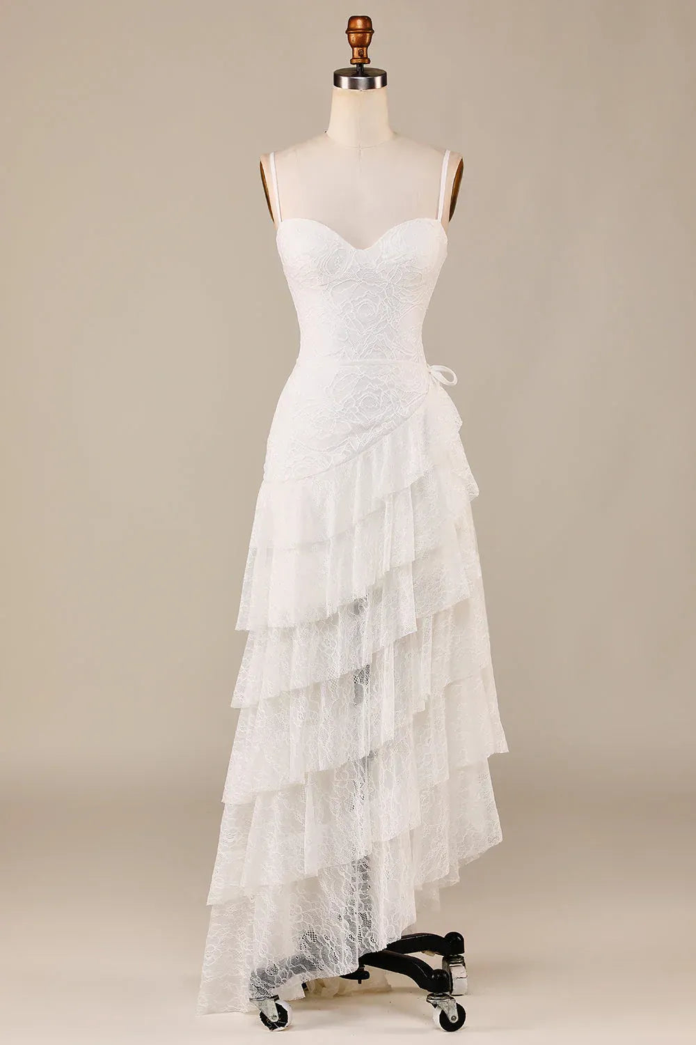 Playful Sweetheart Thin Strap Full Lace Asymmetrical Tiered Wedding Dress With Side Waist Sash Mini Train