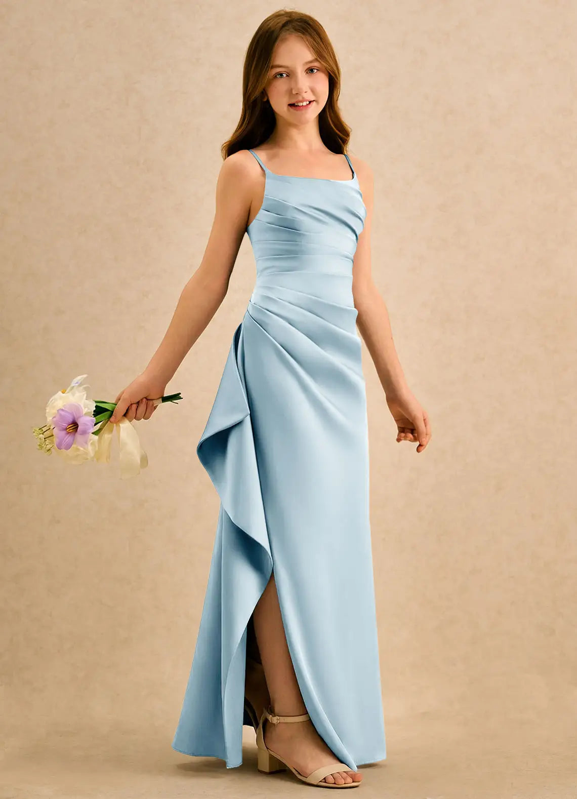 Pleated A-Line Square Neck Spaghetti Straps V-Back Floor-Length Formal Flower Girl Dress
