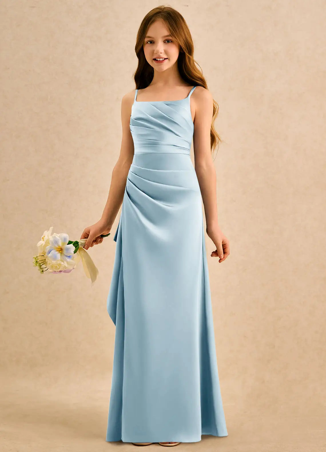 Pleated A-Line Square Neck Spaghetti Straps V-Back Floor-Length Formal Flower Girl Dress