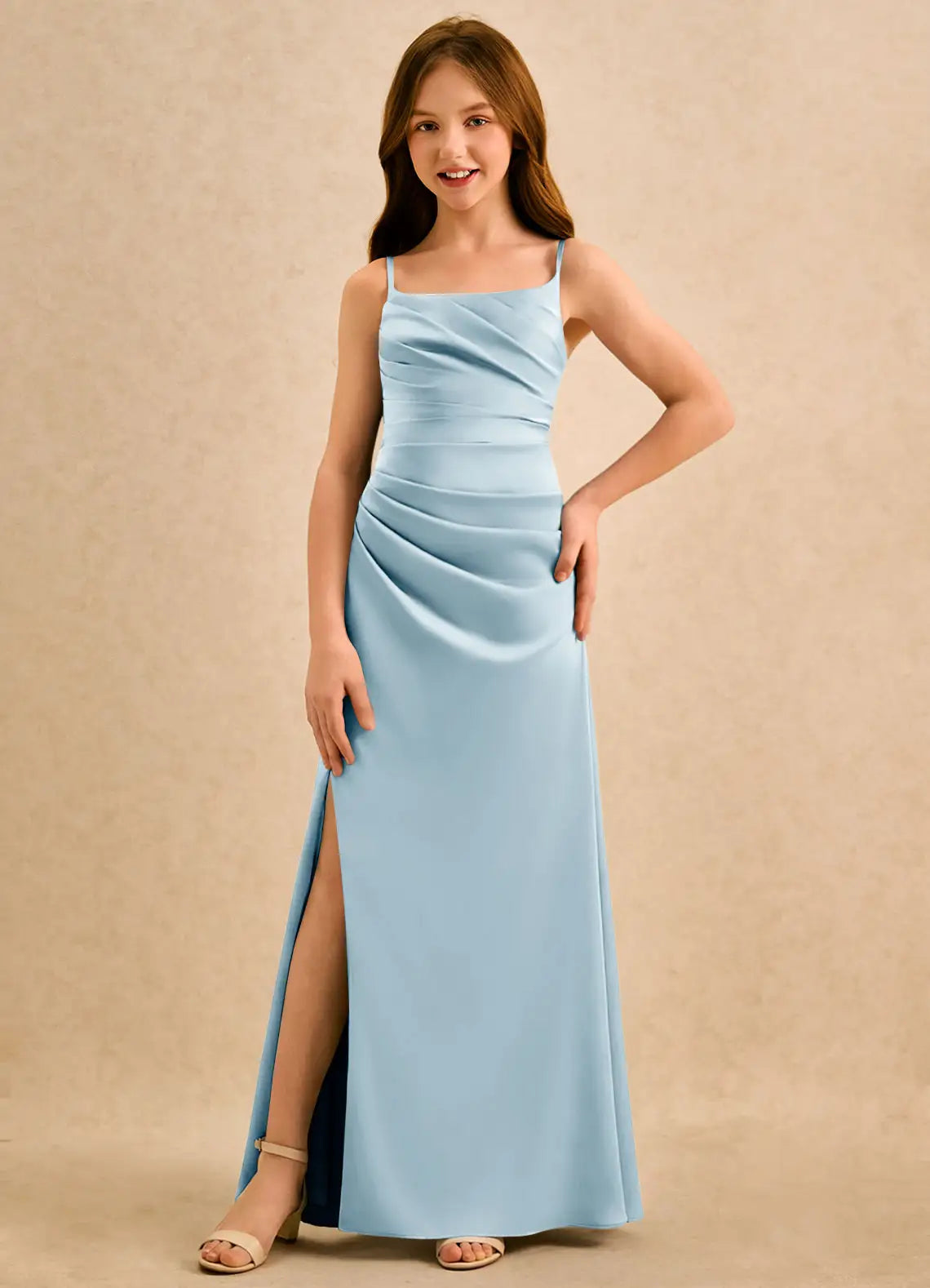 Pleated A-Line Square Neck Spaghetti Straps V-Back Floor-Length Formal Flower Girl Dress