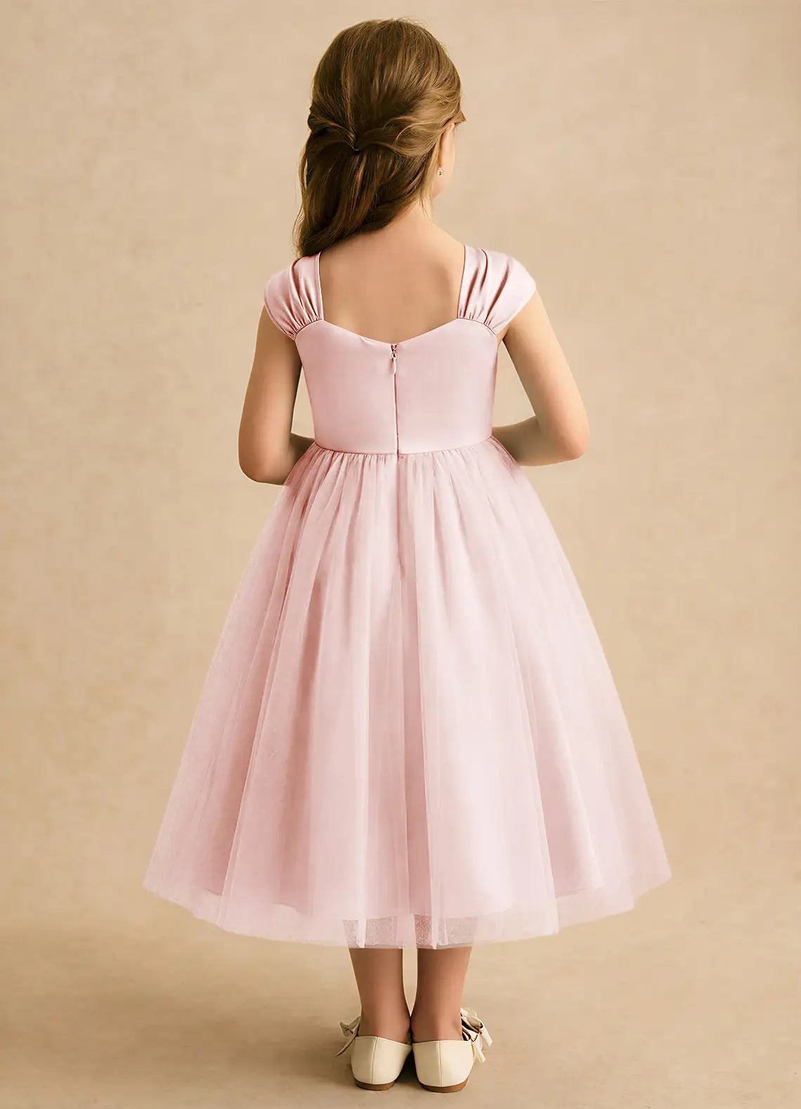 Pleated Cap Sleeve Square U-Back Pearl Trim Blush Pink Tulle Knee-Length Flower Girl Dresses