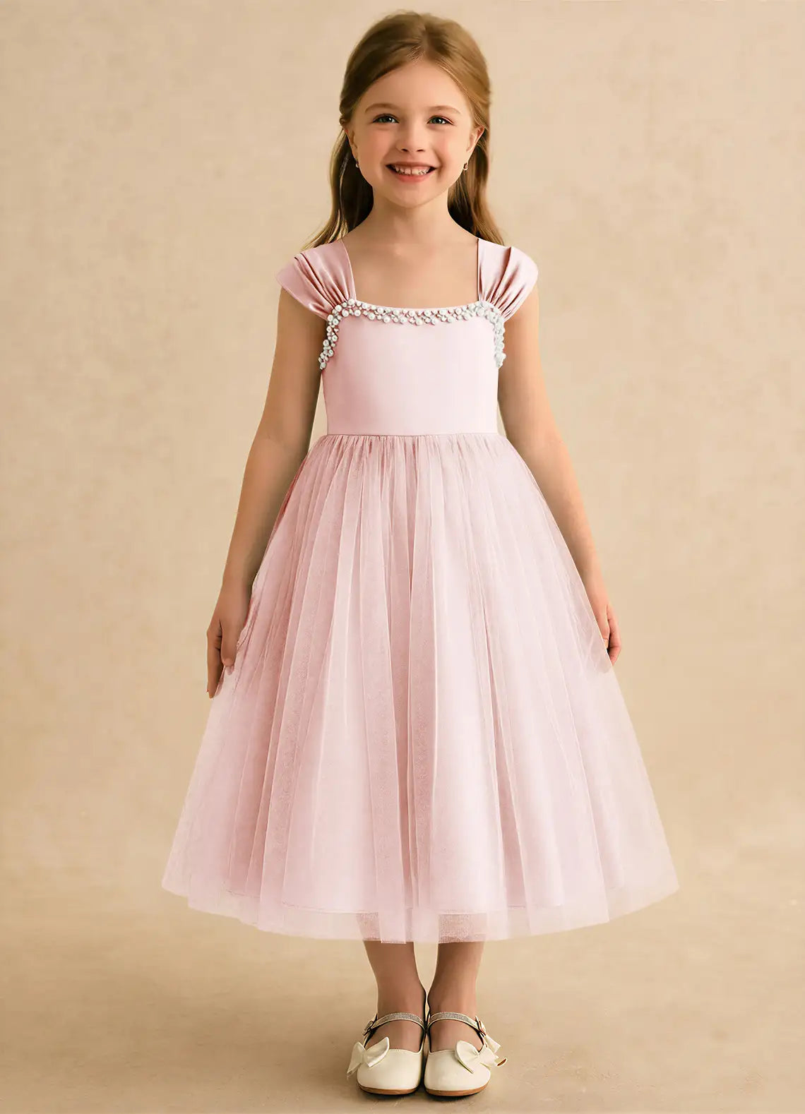 Pleated Cap Sleeve Square U-Back Pearl Trim Blush Pink Tulle Knee-Length Flower Girl Dresses