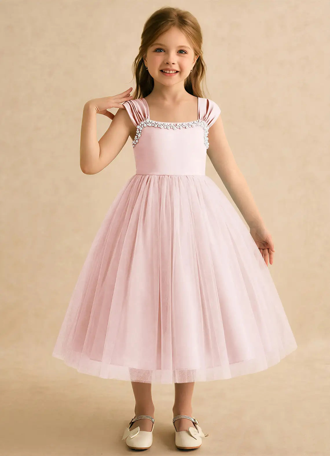 Pleated Cap Sleeve Square U-Back Pearl Trim Blush Pink Tulle Knee-Length Flower Girl Dresses