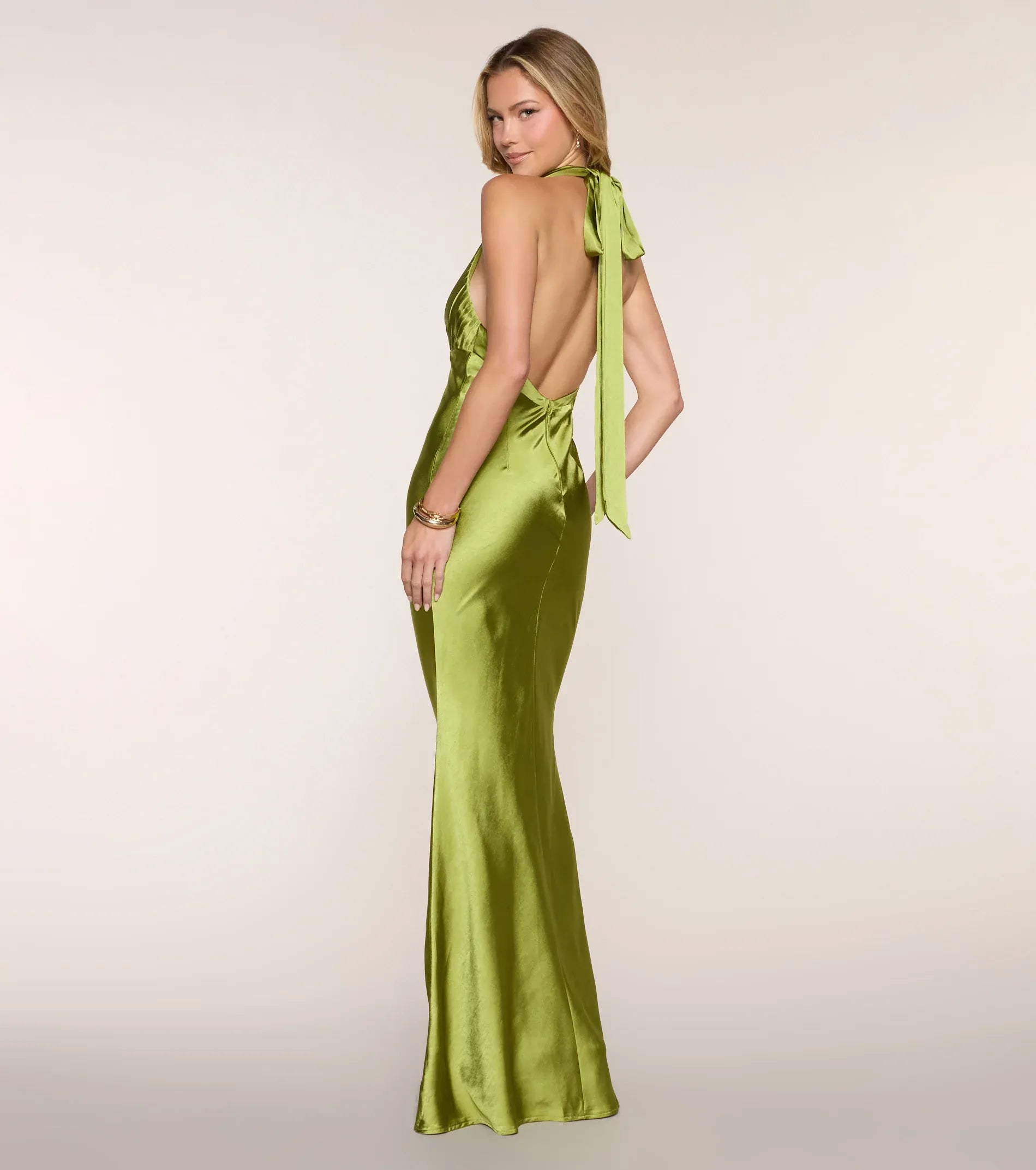 Pleated Mermaid Halter Sleeveless Tie-Back Maxi Wedding Guest Dress