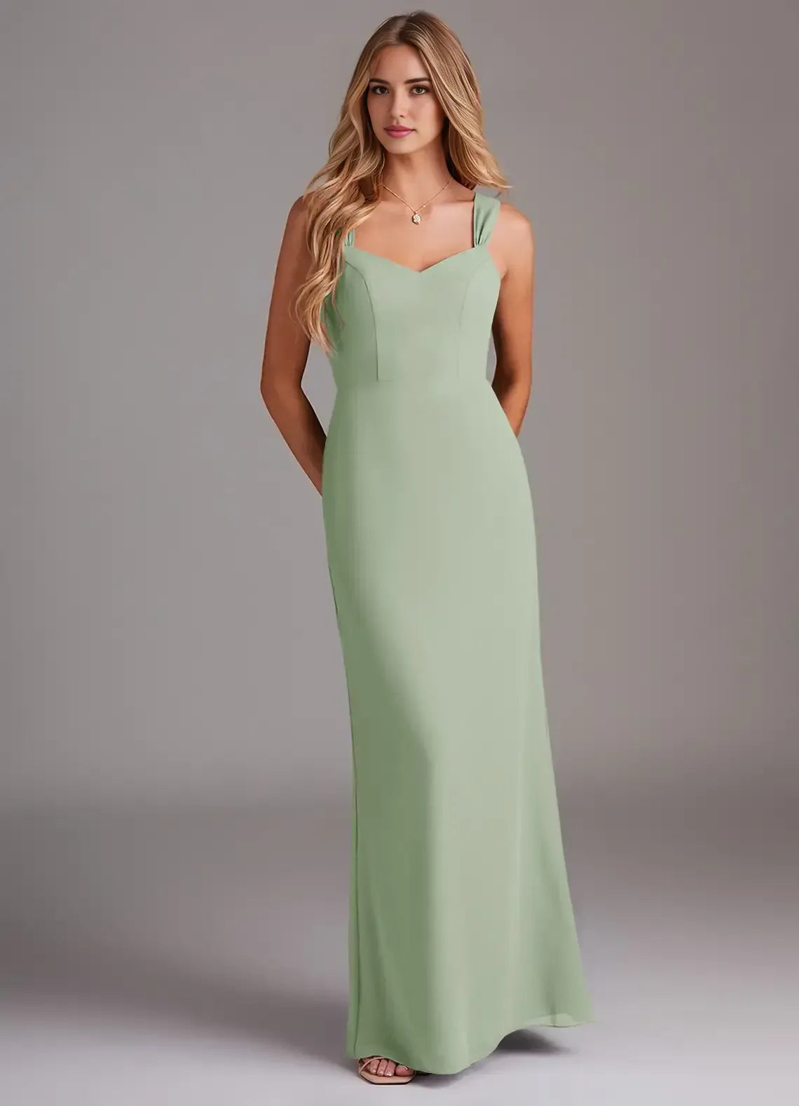 Pleated Strap Sweetheart Sheath Chiffon Long Bridesmaid Dress
