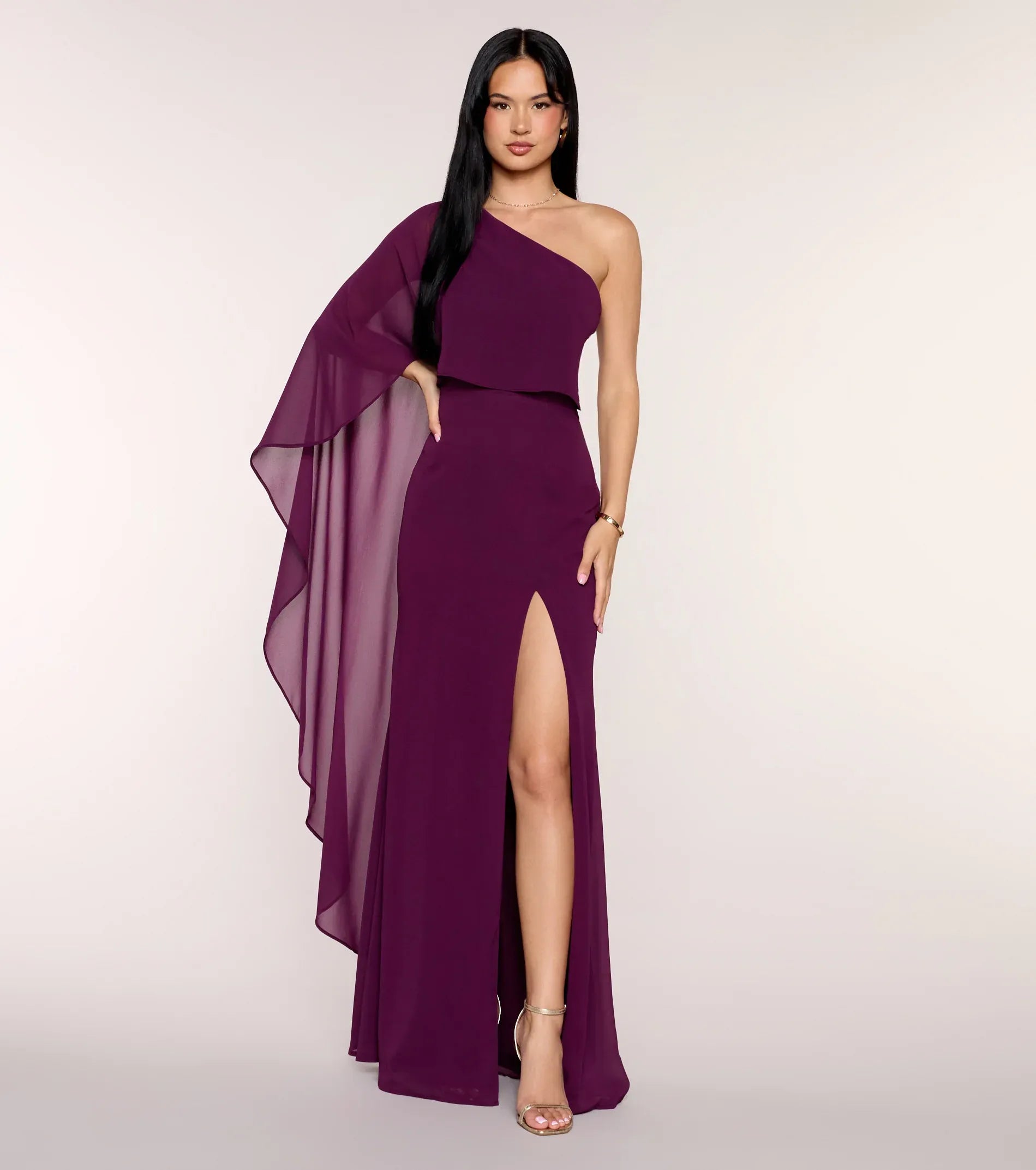 Plum A Line One Shoulder Draped Sash Sleeveless Tie Back High Slit Floor Length Wedding Guest Dresses