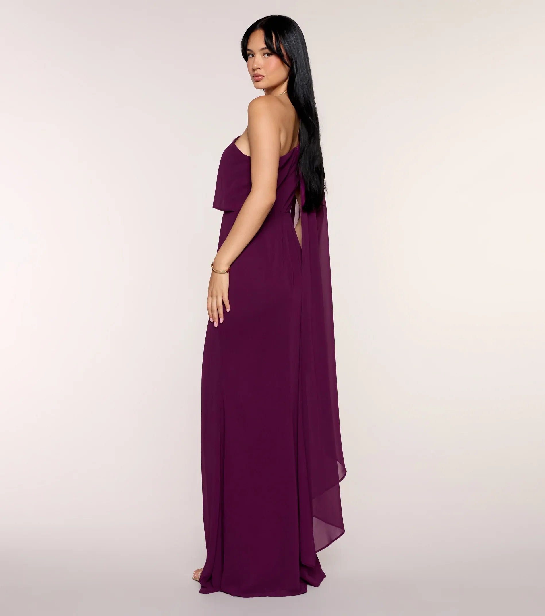 Plum A Line One Shoulder Draped Sash Sleeveless Tie Back High Slit Floor Length Wedding Guest Dresses