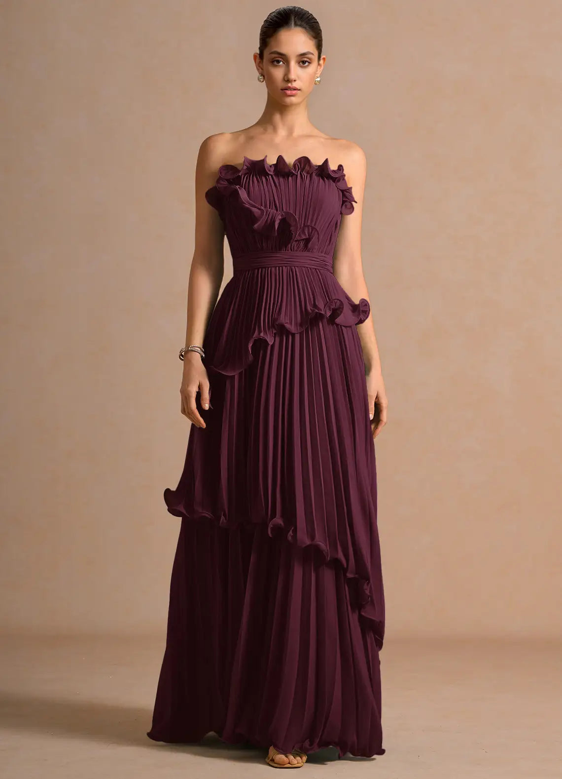 Plum Floor-Length Strapless Ruffled Pleated Tiered Wedding Guest Dress