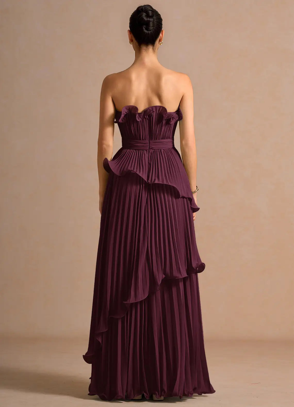 Plum Floor-Length Strapless Ruffled Pleated Tiered Wedding Guest Dress