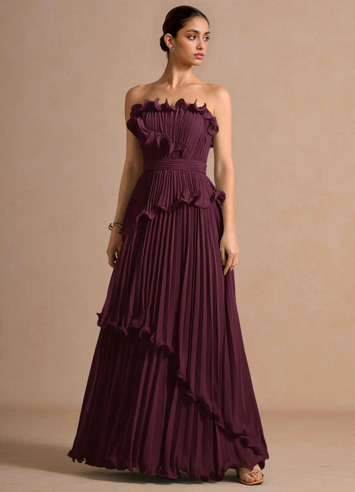 Plum Floor-Length Strapless Ruffled Pleated Tiered Wedding Guest Dress