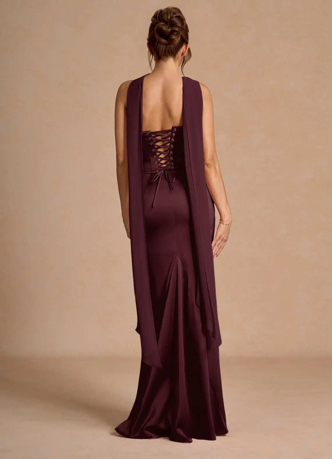 Plum Strapless Cowl Corset Trailing Scarf Mermaid Maxi Wedding Guest Dress