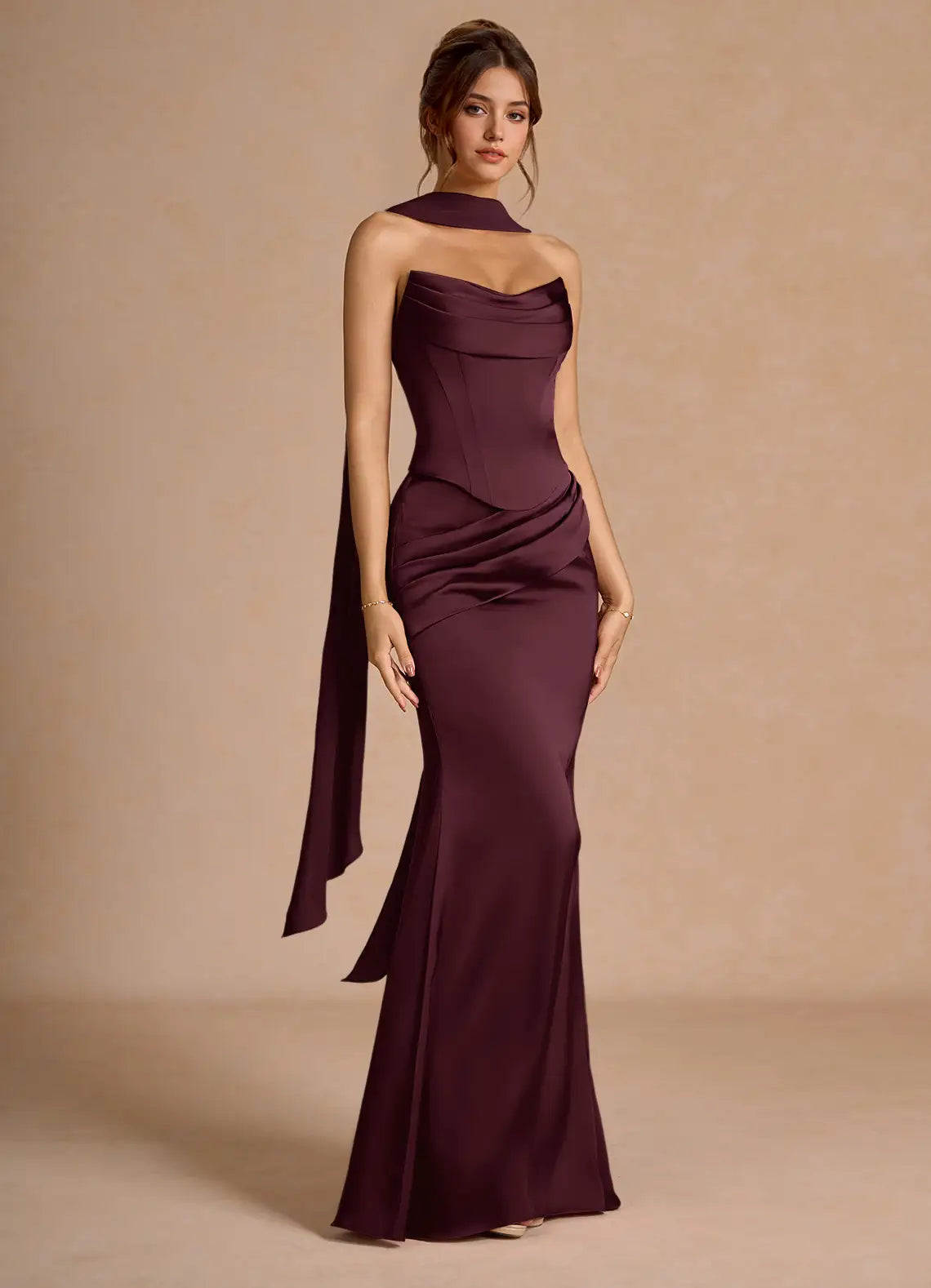 Plum Strapless Cowl Corset Trailing Scarf Mermaid Maxi Wedding Guest Dress
