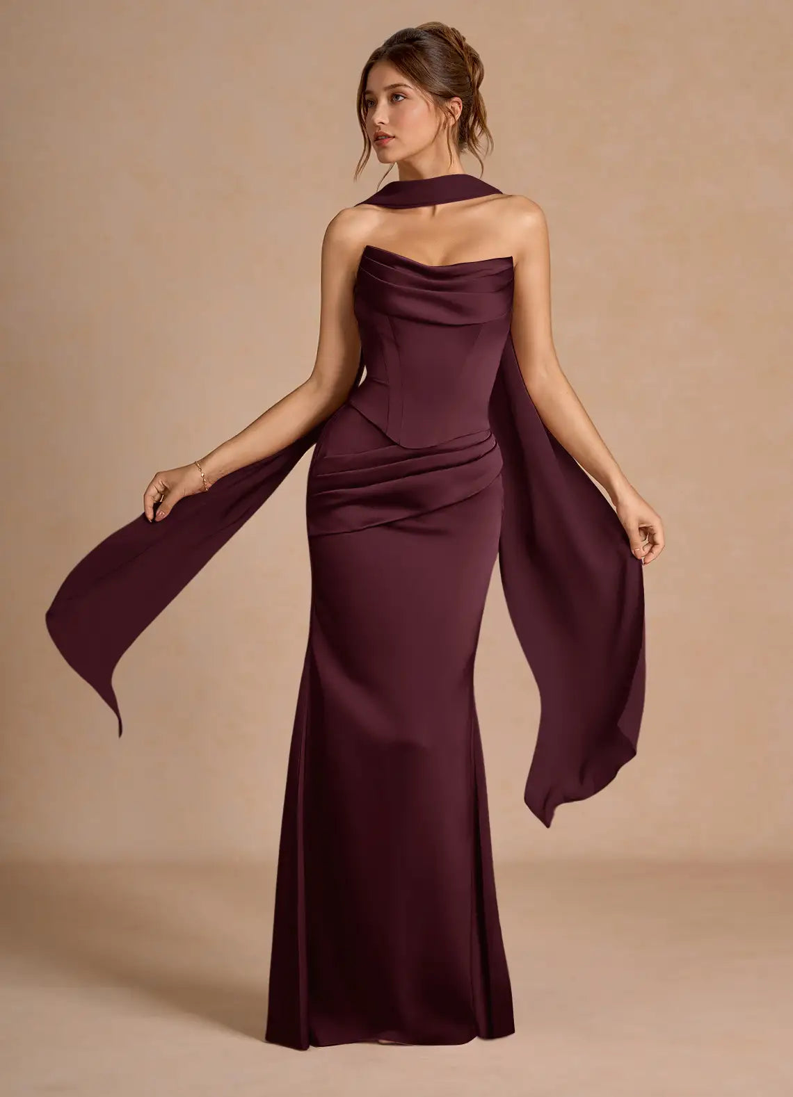 Plum Strapless Cowl Corset Trailing Scarf Mermaid Maxi Wedding Guest Dress