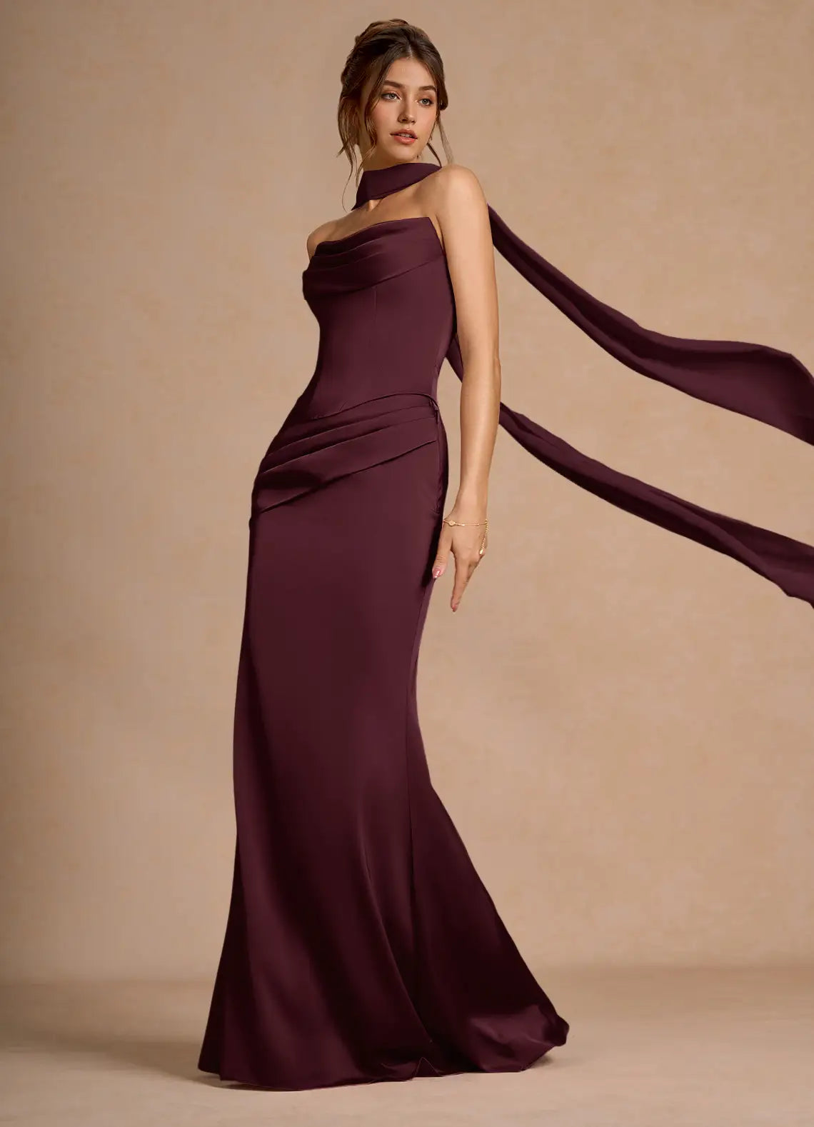 Plum Strapless Cowl Corset Trailing Scarf Mermaid Maxi Wedding Guest Dress