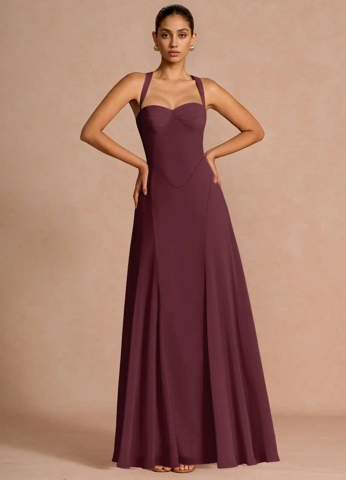Plum Wide Strap Sweetheart Corset Lace Up Back Flowy A-Line Chiffon Maxi Wedding Guest Dress