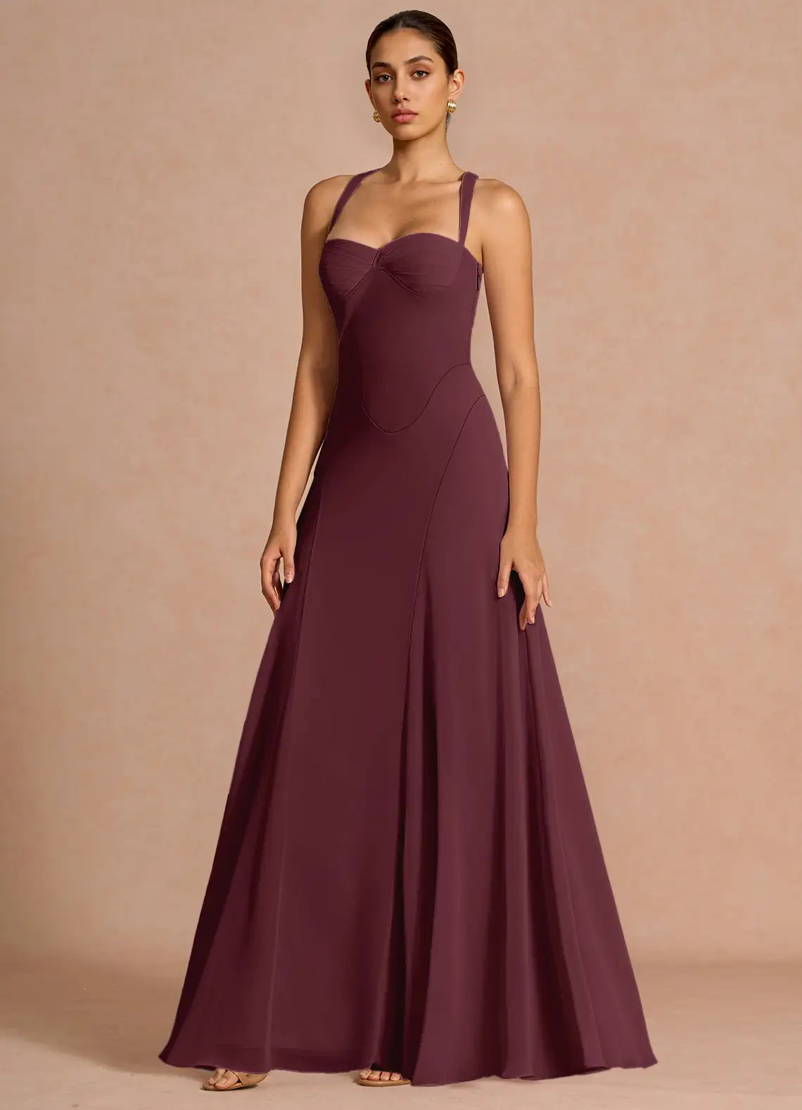 Plum Wide Strap Sweetheart Corset Lace Up Back Flowy A-Line Chiffon Maxi Wedding Guest Dress