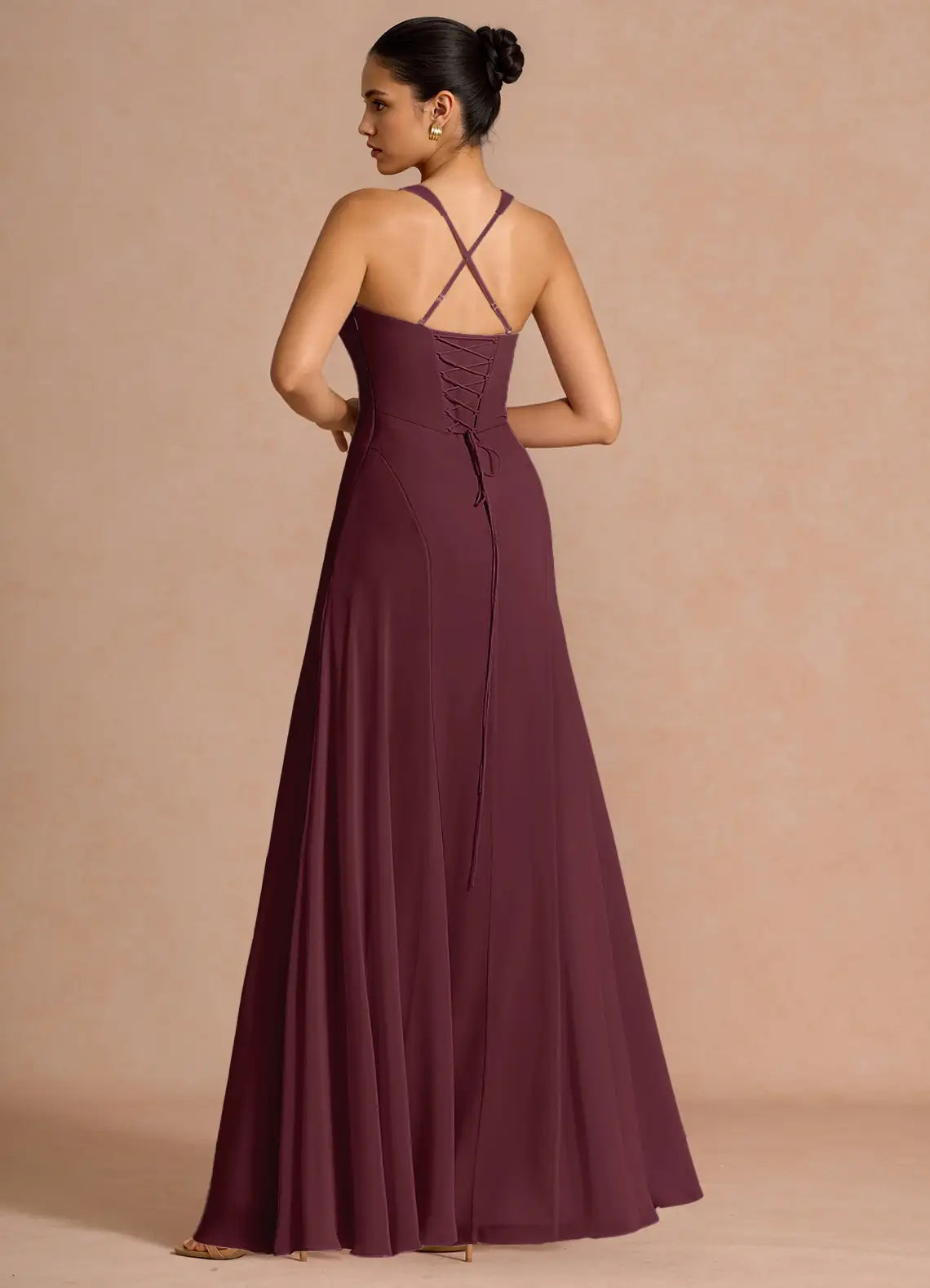 Plum Wide Strap Sweetheart Corset Lace Up Back Flowy A-Line Chiffon Maxi Wedding Guest Dress