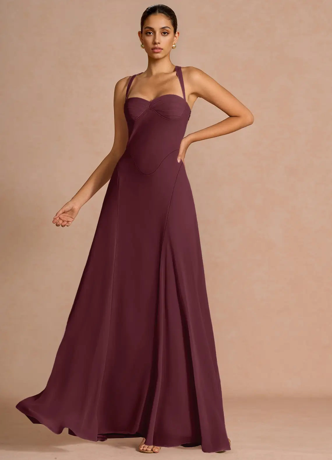 Plum Wide Strap Sweetheart Corset Lace Up Back Flowy A-Line Chiffon Maxi Wedding Guest Dress