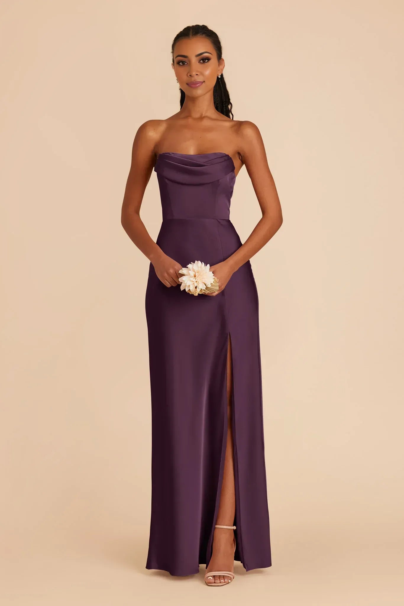 Plum Satin Off‑The‑Shoulder Cowl‑Neck High‑Slit Mermaid Bridesmaid Dresses