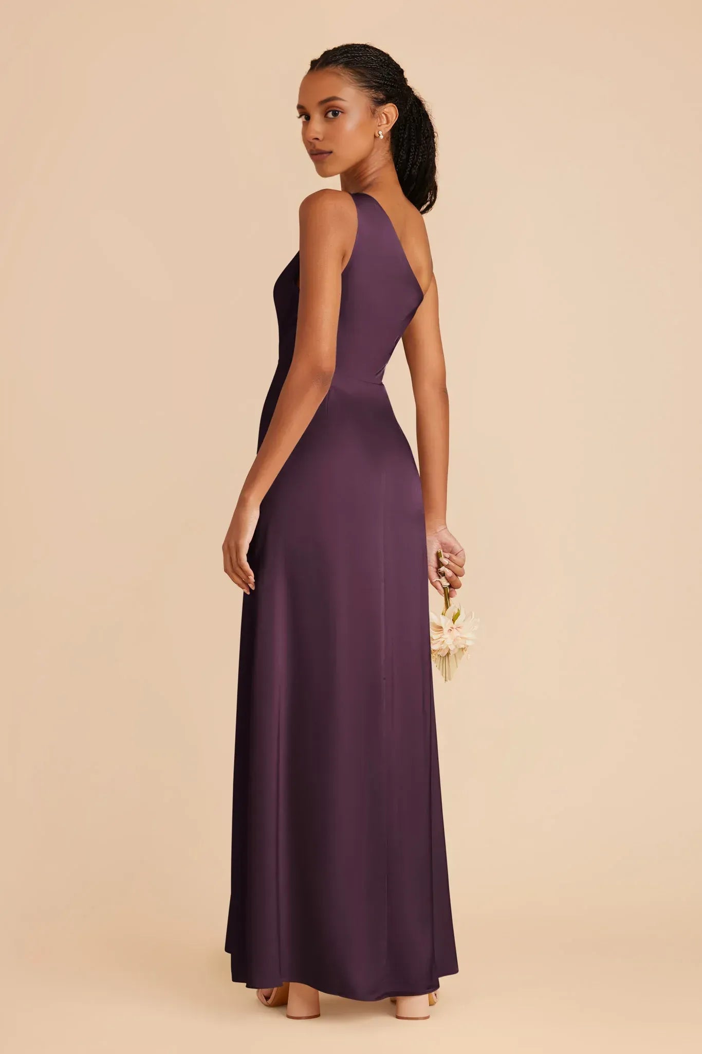 Plum Satin One‑Shoulder High‑Slit Mermaid Bridesmaid Dresses