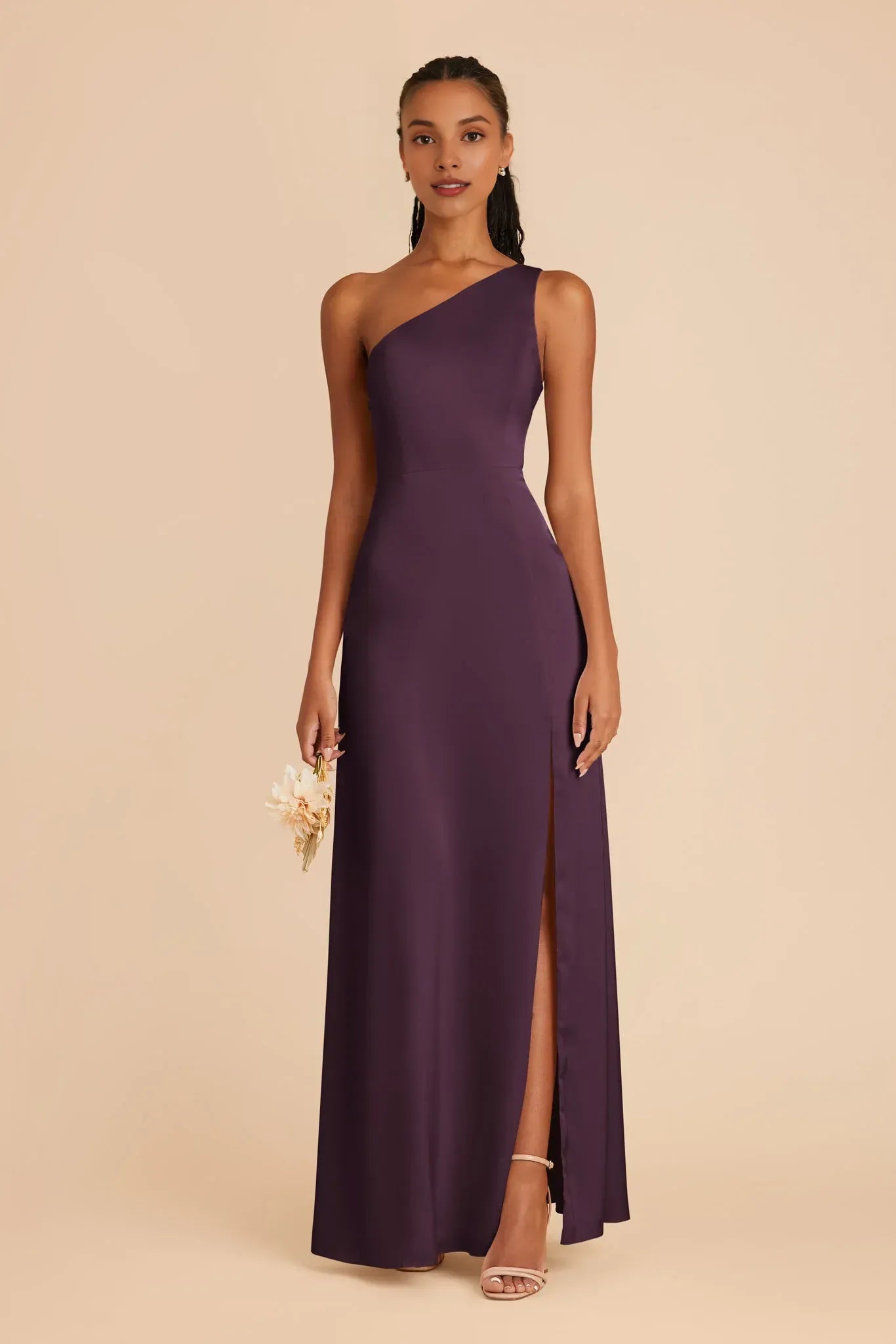 Plum Satin One‑Shoulder High‑Slit Mermaid Bridesmaid Dresses