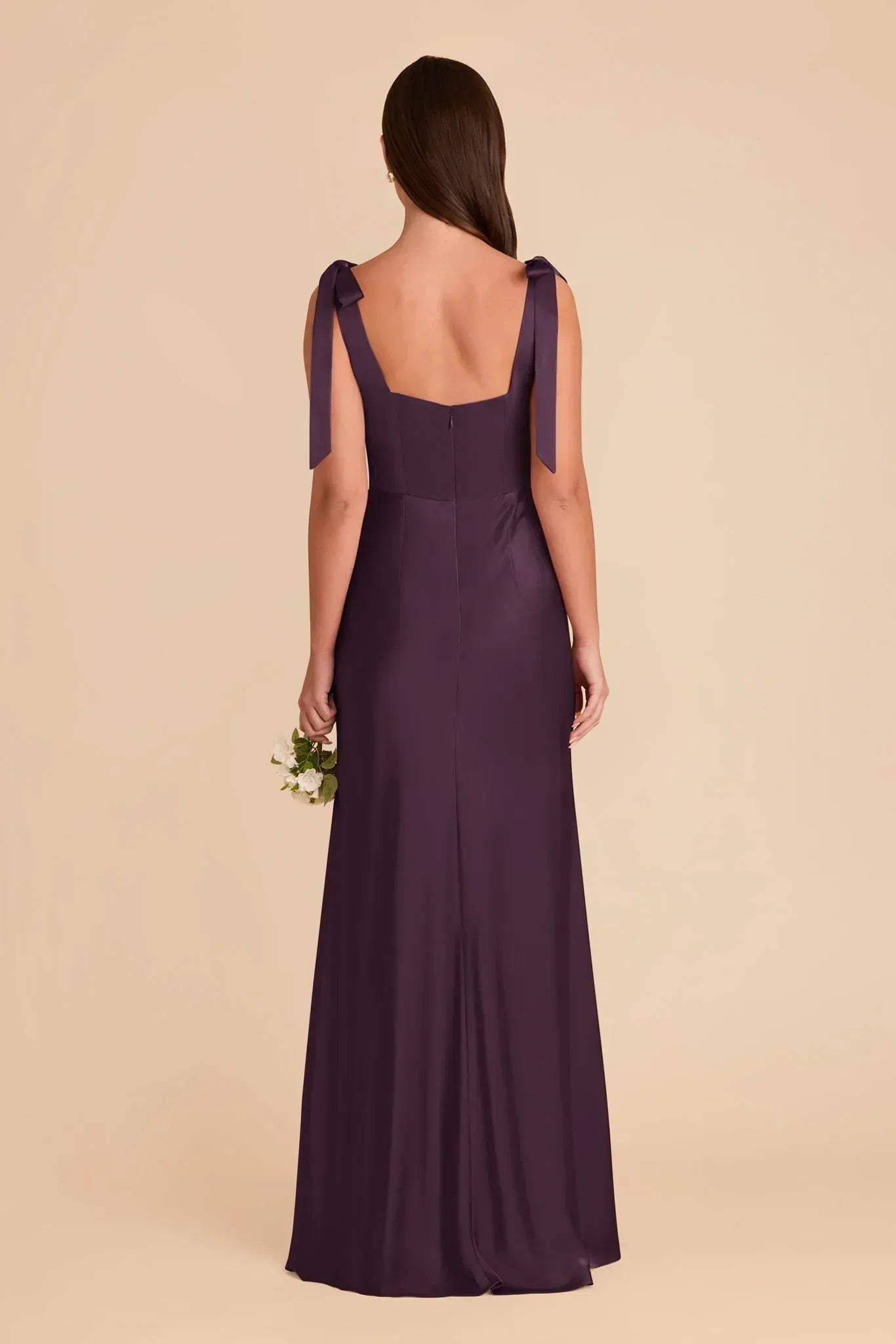Plum Satin Square‑Neck Bow‑Strap High‑Slit Mermaid Bridesmaid Dresses