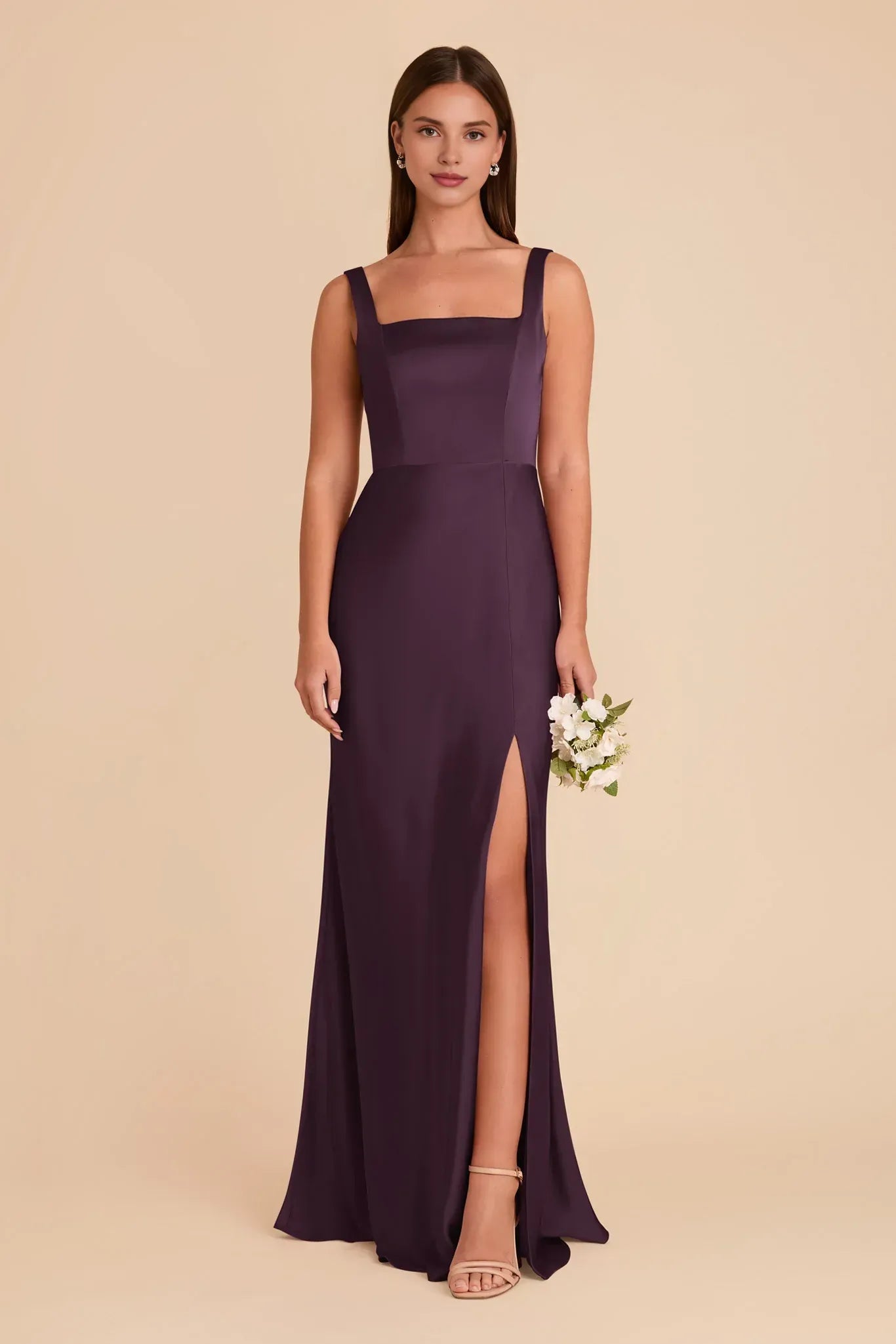 Plum Satin Square‑Neck Bow‑Strap High‑Slit Mermaid Bridesmaid Dresses