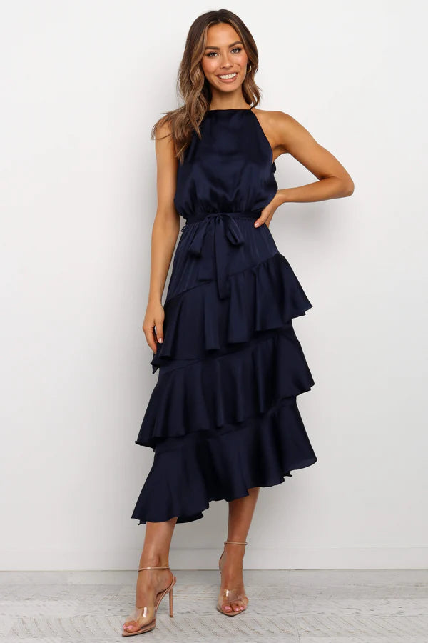Polished Midi Halter-Neck Tiered-Ruffle Satin Wedding Guest Dress