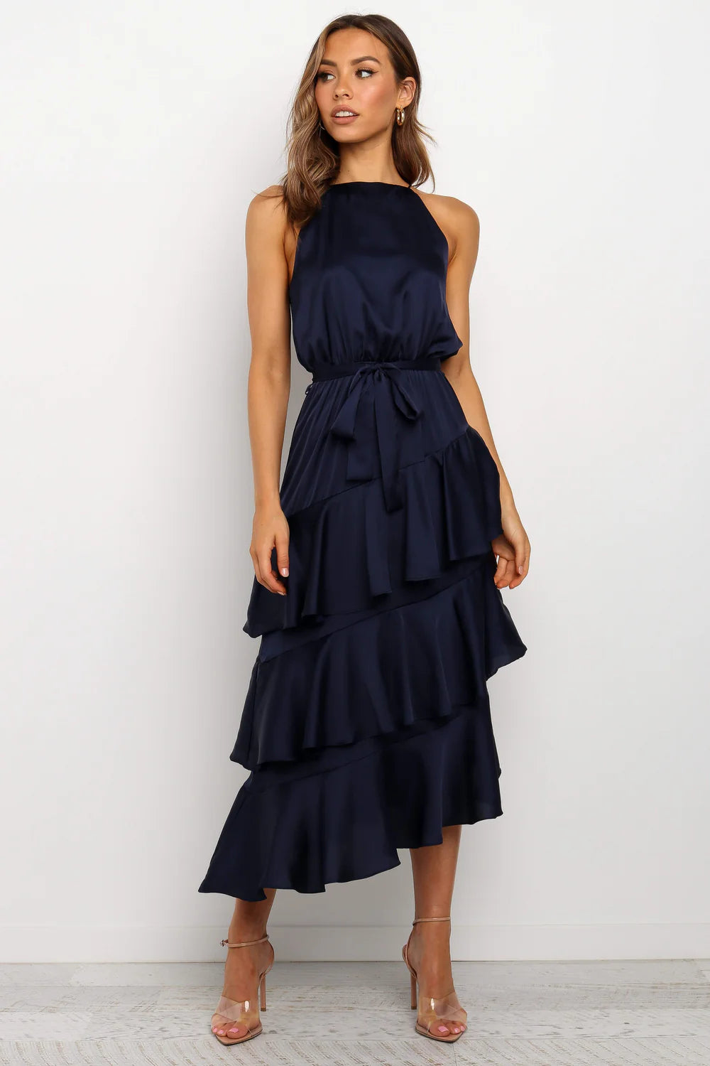 Polished Midi Halter-Neck Tiered-Ruffle Satin Wedding Guest Dress