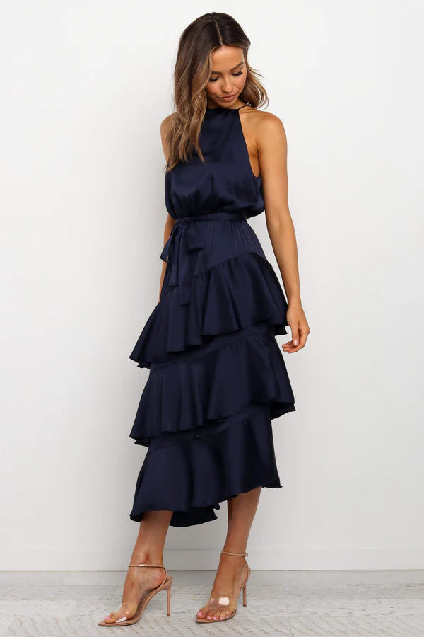 Polished Midi Halter-Neck Tiered-Ruffle Satin Wedding Guest Dress