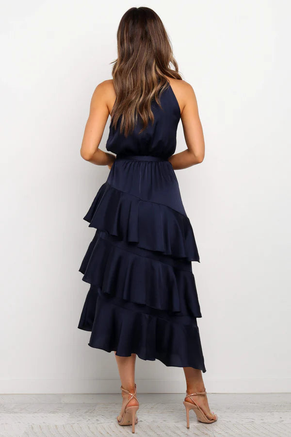 Polished Midi Halter-Neck Tiered-Ruffle Satin Wedding Guest Dress