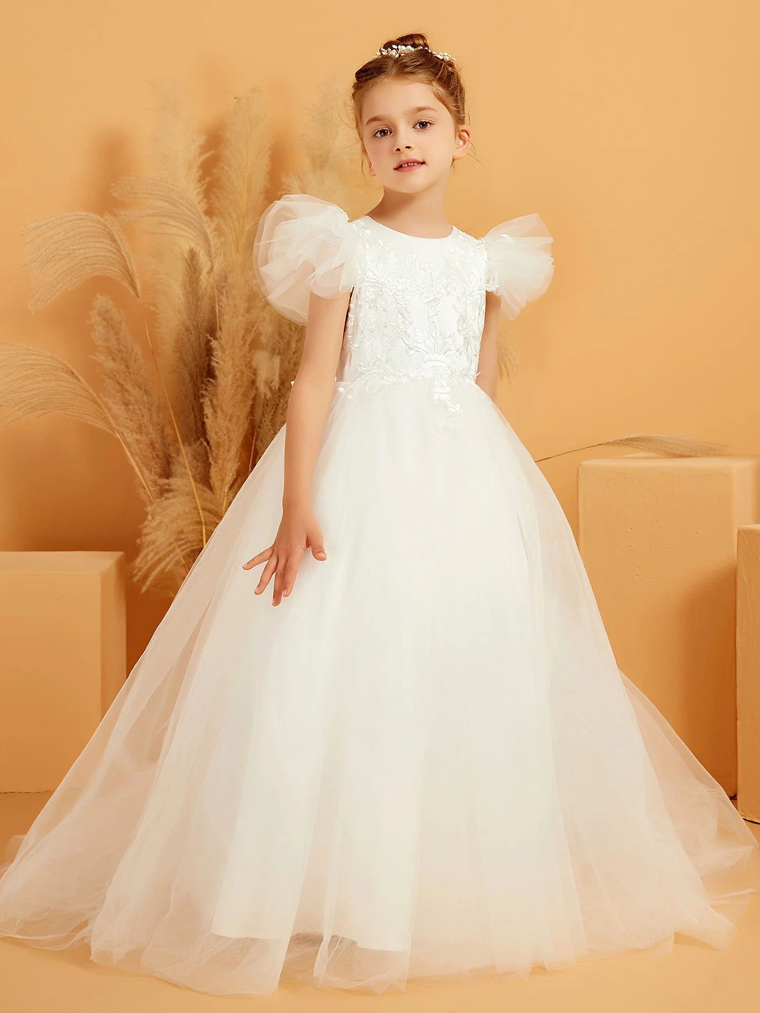 Puff Cap Sleeve Illusion Back Floral Lace Train White Tulle Floor Length Flower Girl Dresses