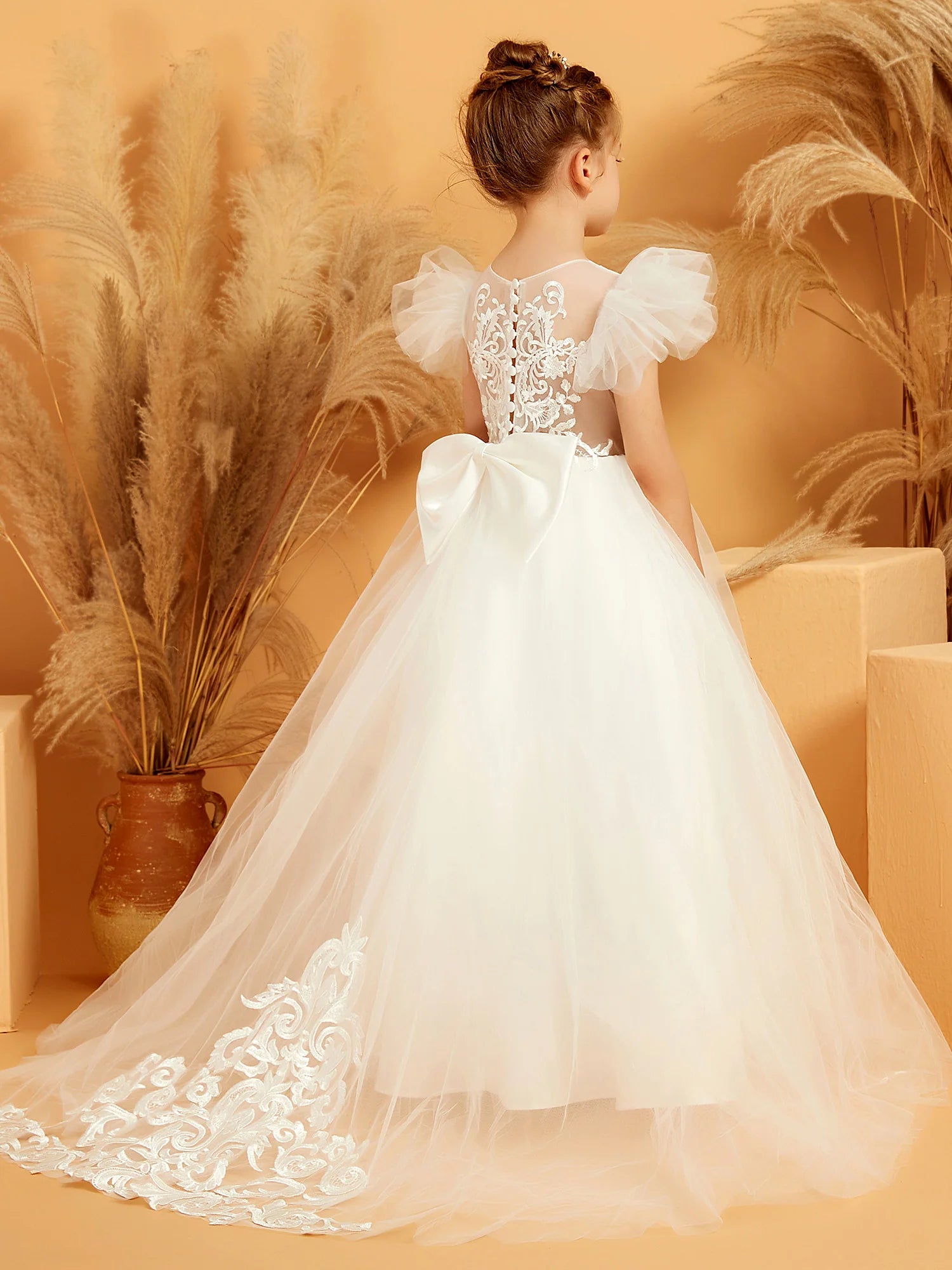 Puff Cap Sleeve Illusion Back Floral Lace Train White Tulle Floor Length Flower Girl Dresses