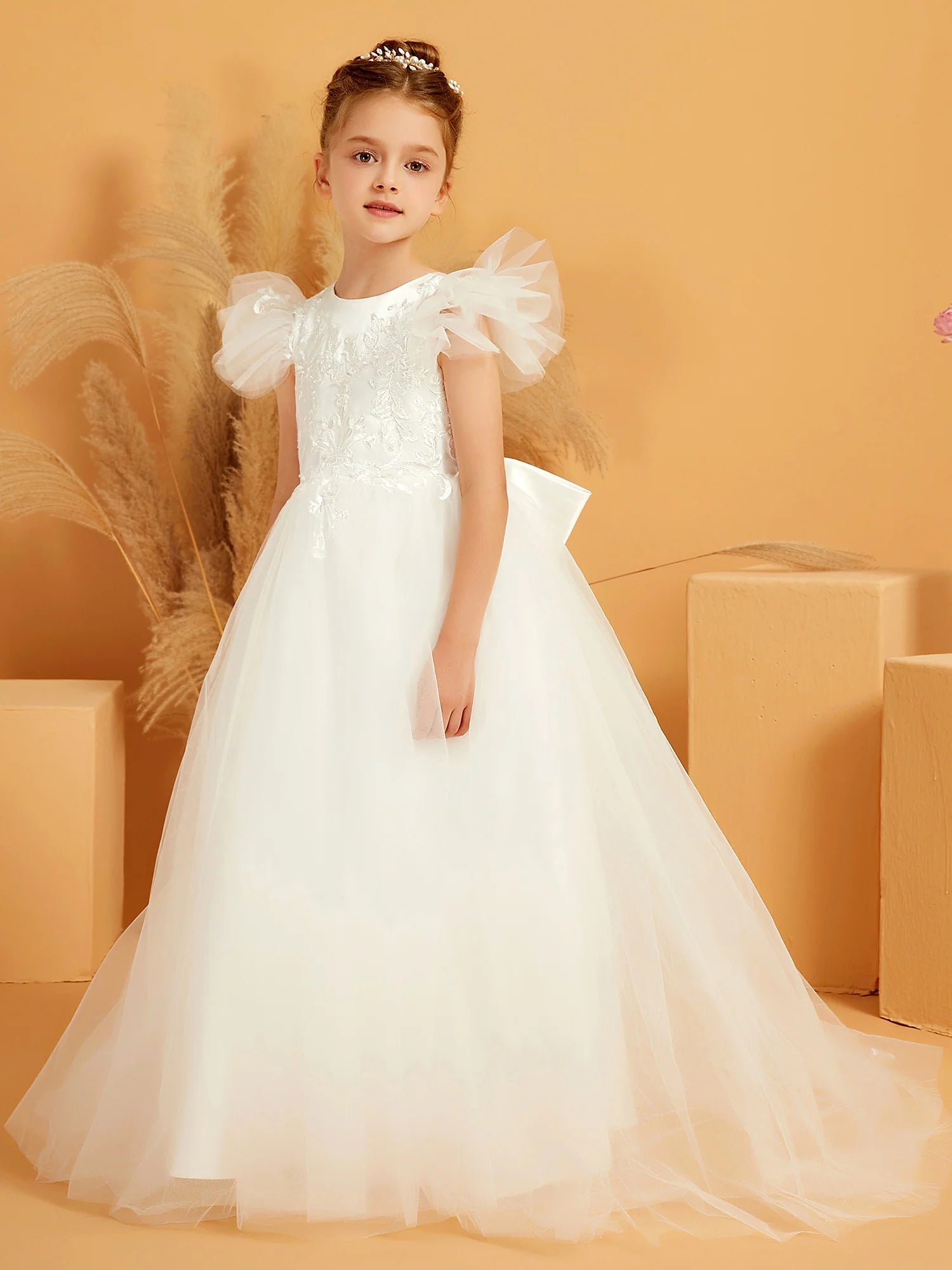 Puff Cap Sleeve Illusion Back Floral Lace Train White Tulle Floor Length Flower Girl Dresses