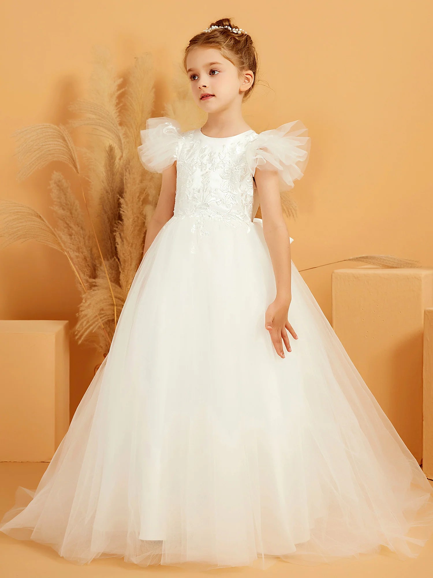 Puff Cap Sleeve Illusion Back Floral Lace Train White Tulle Floor Length Flower Girl Dresses