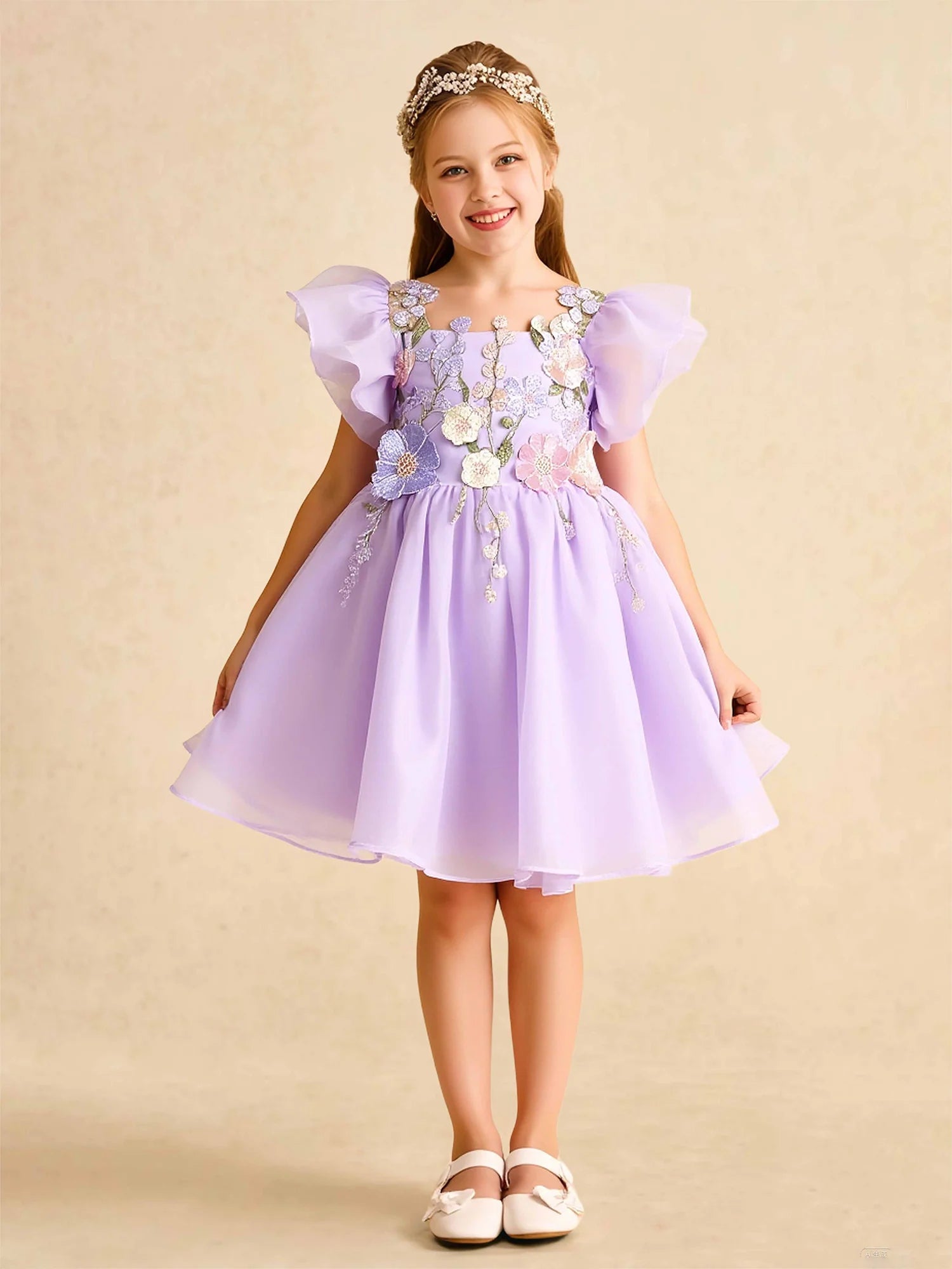 Puff Cap Sleeve Square Open Back Pearl Chain 3D Floral Lavender Tulle Short Flower Girl Dresses