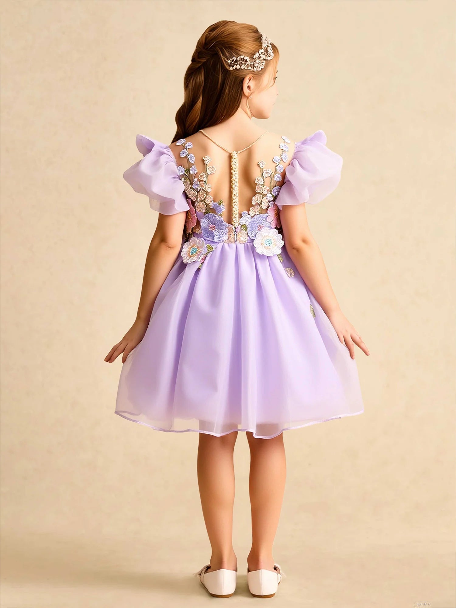 Puff Cap Sleeve Square Open Back Pearl Chain 3D Floral Lavender Tulle Short Flower Girl Dresses