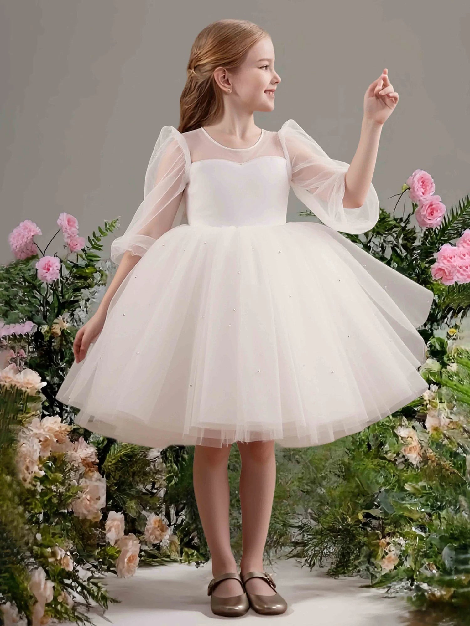 Puff Sheer Mesh Sleeve Round V Back Big Satin Bow Pearl White Tulle Short Flower Girl Dresses