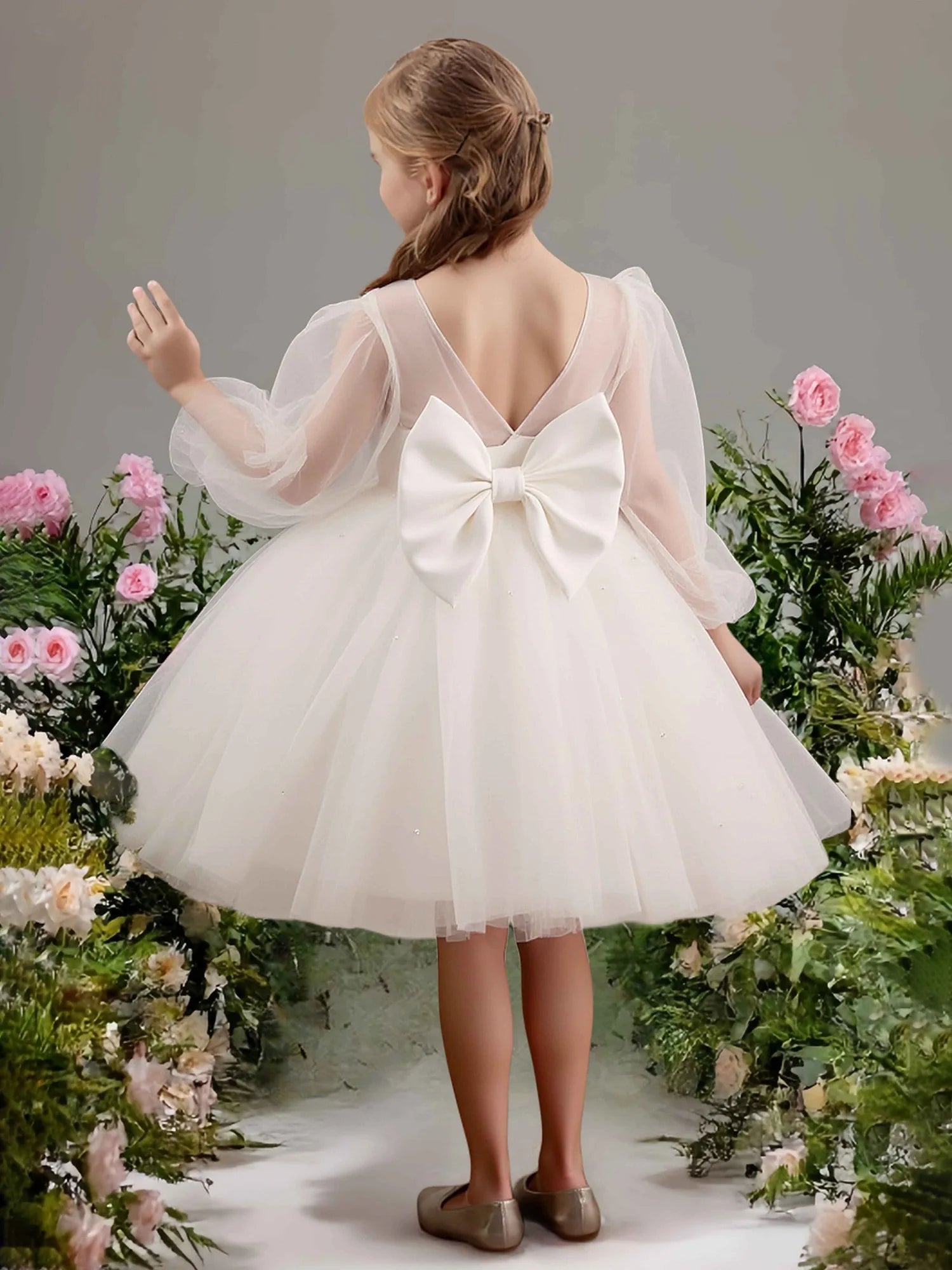 Puff Sheer Mesh Sleeve Round V Back Big Satin Bow Pearl White Tulle Short Flower Girl Dresses