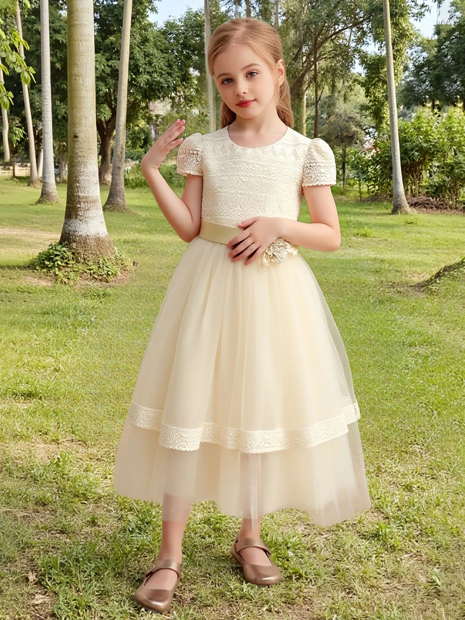 Puff Short Sleeve Round Solid Back Lace Waist Floral Applique Champagne Tulle Midi Flower Girl Dresses