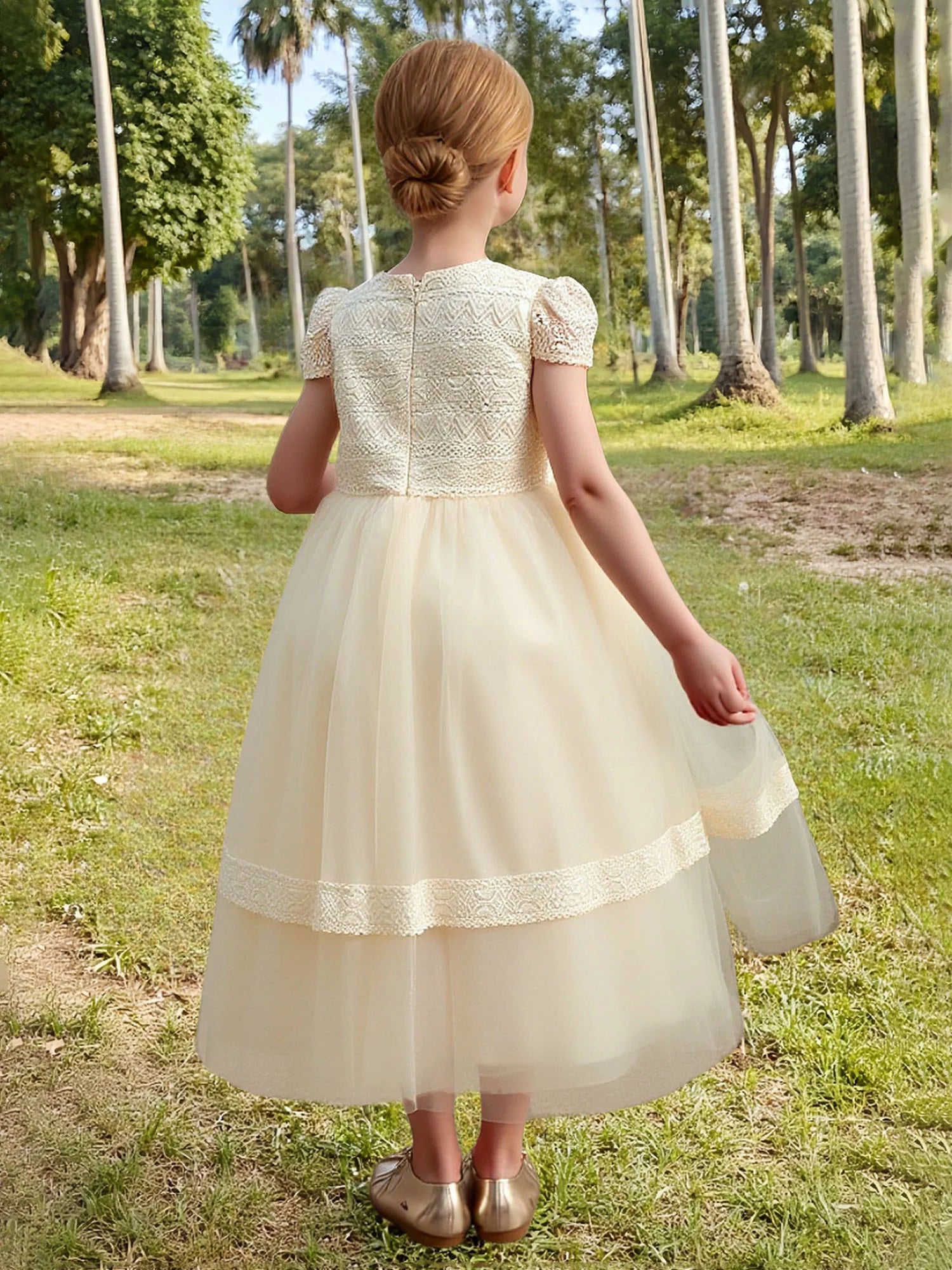 Puff Short Sleeve Round Solid Back Lace Waist Floral Applique Champagne Tulle Midi Flower Girl Dresses