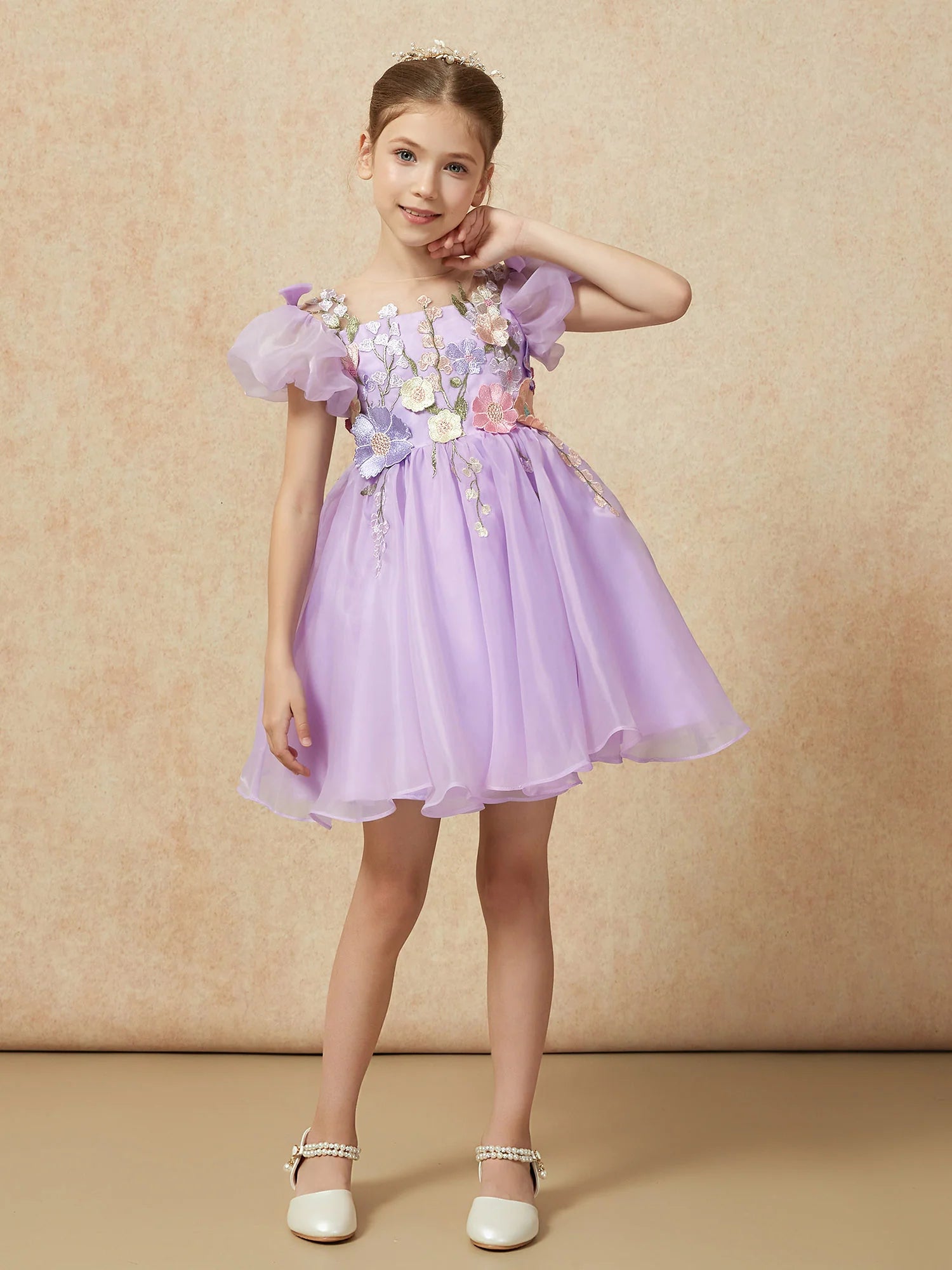 Puff Short Sleeve Illusion Neck 3D Floral Lavender Tulle Knee Length Flower Girl Dresses