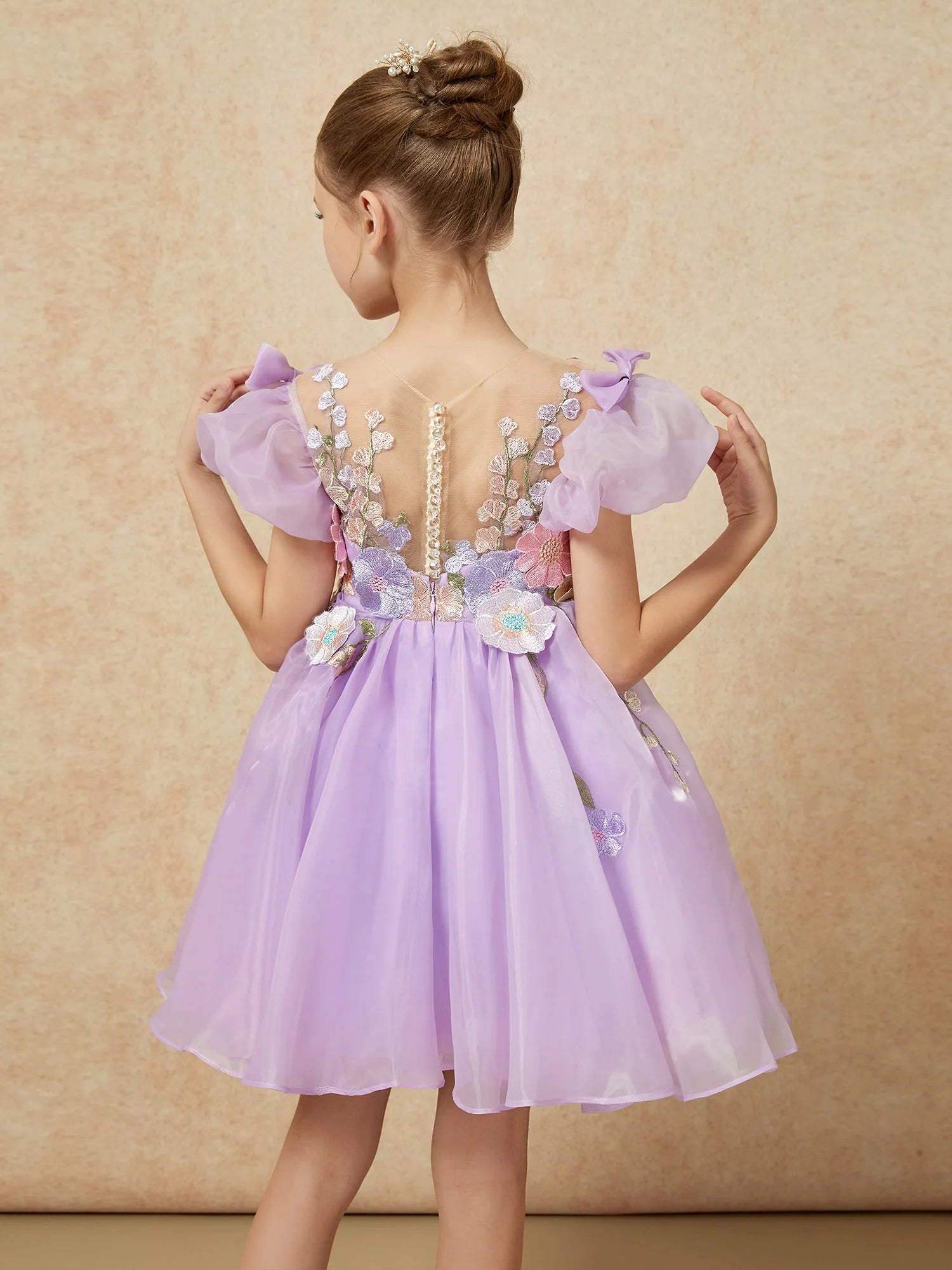 Puff Short Sleeve Illusion Neck 3D Floral Lavender Tulle Knee Length Flower Girl Dresses