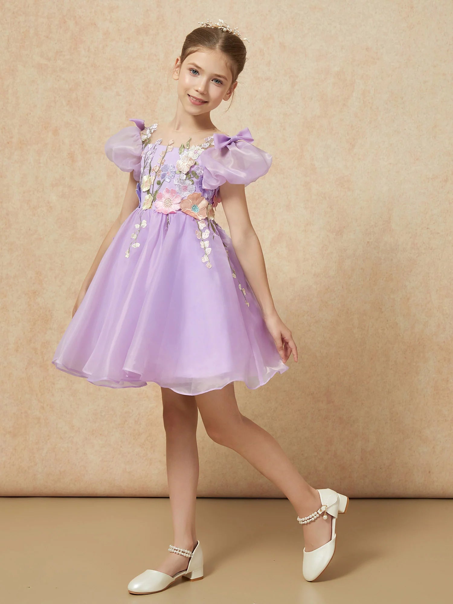Puff Short Sleeve Illusion Neck 3D Floral Lavender Tulle Knee Length Flower Girl Dresses