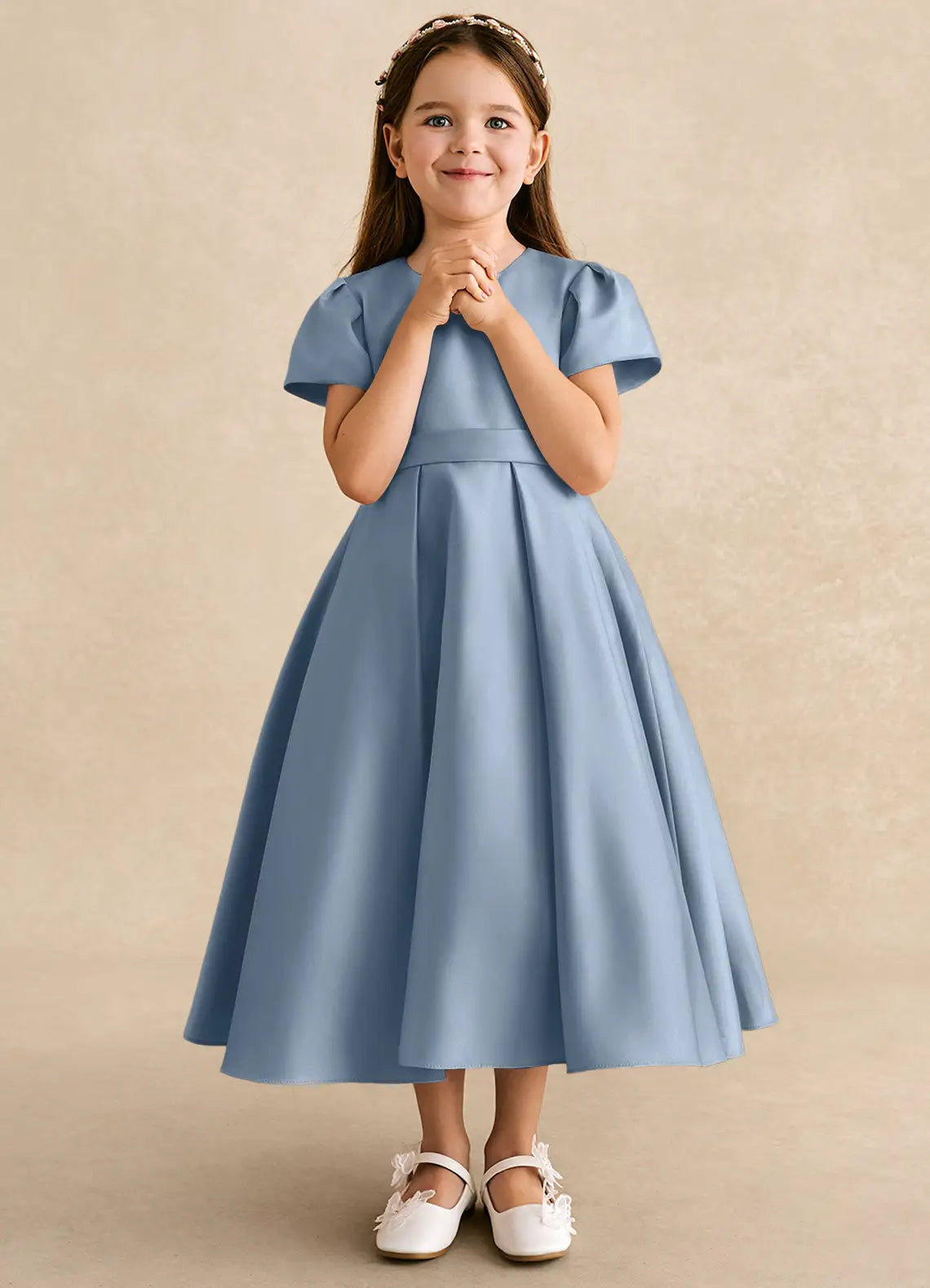 Puff Short Sleeve Round Back Bow Dusty Blue Satin Midi A-Line Flower Girl Dresses