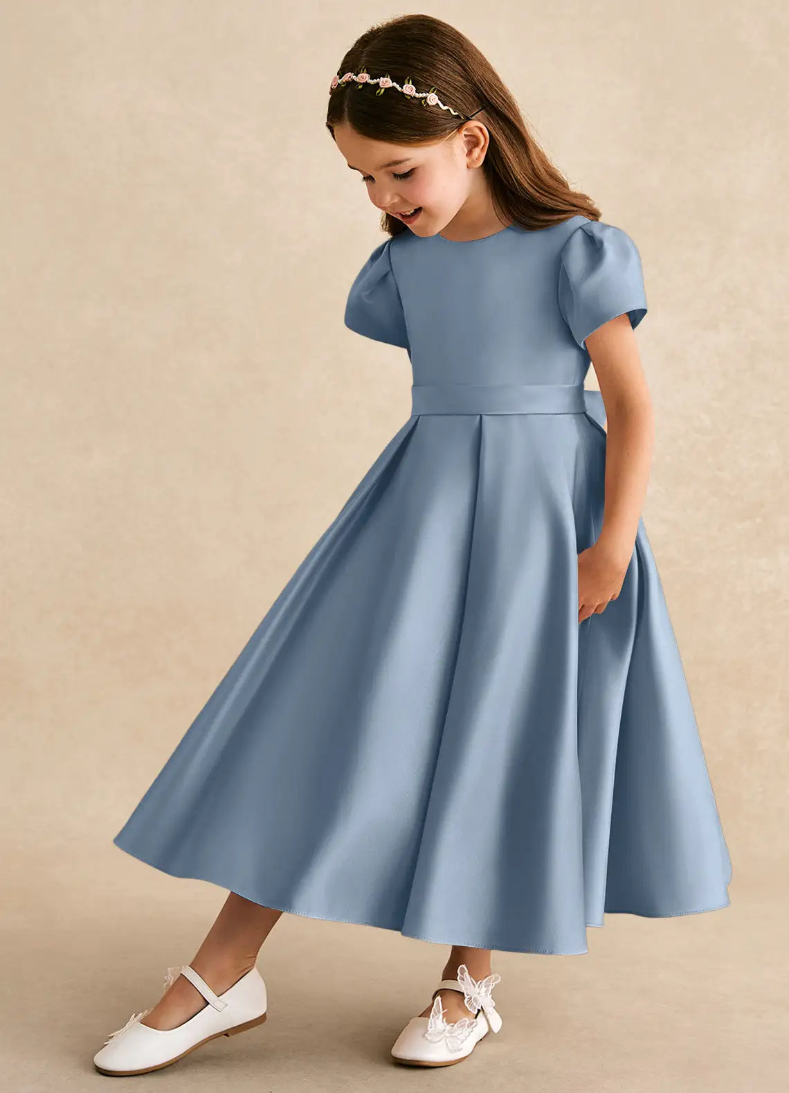 Puff Short Sleeve Round Back Bow Dusty Blue Satin Midi A-Line Flower Girl Dresses