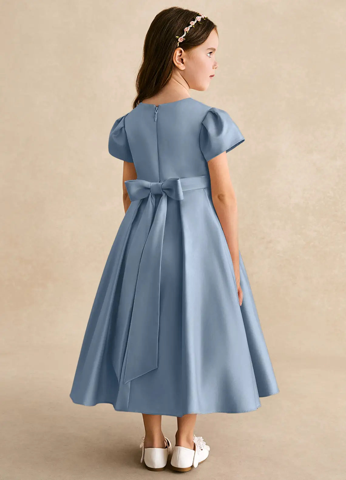 Puff Short Sleeve Round Back Bow Dusty Blue Satin Midi A-Line Flower Girl Dresses