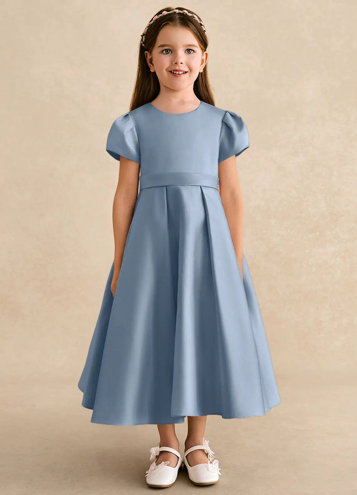 Puff Short Sleeve Round Back Bow Dusty Blue Satin Midi A-Line Flower Girl Dresses