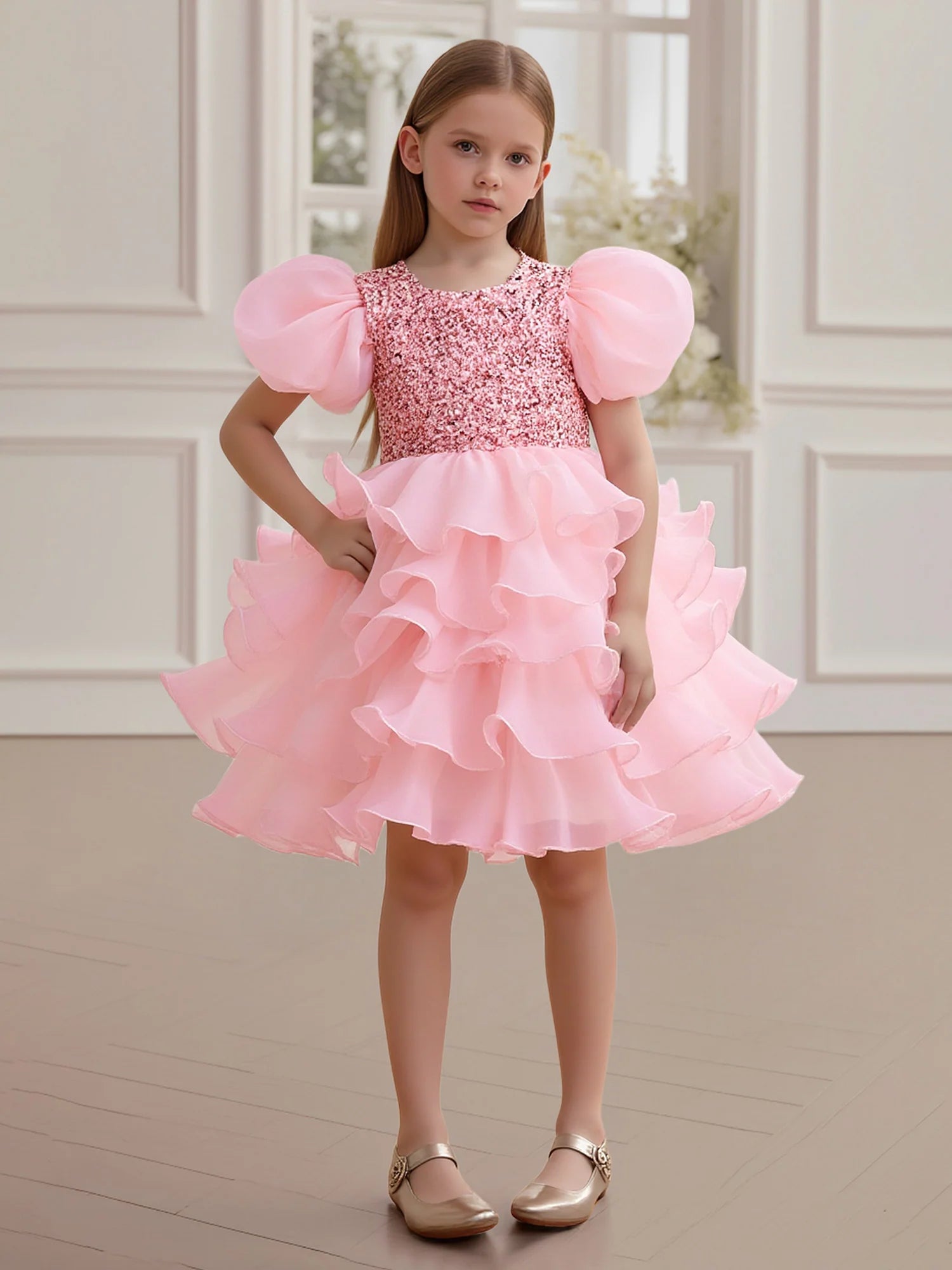 Puff Short Sleeve Round Back Large Satin Bow Multi-Layer Ruffle Hem Pink Sequin Tulle Short Flower Girl Dresses